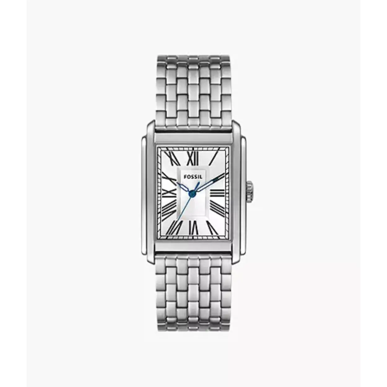 Dit Fossil horloge, uit de Carraway collectie, heeft een stalen band en kast. De wijzerplaat is zilverkleurige met zwarte indexen en blauwe wijzers