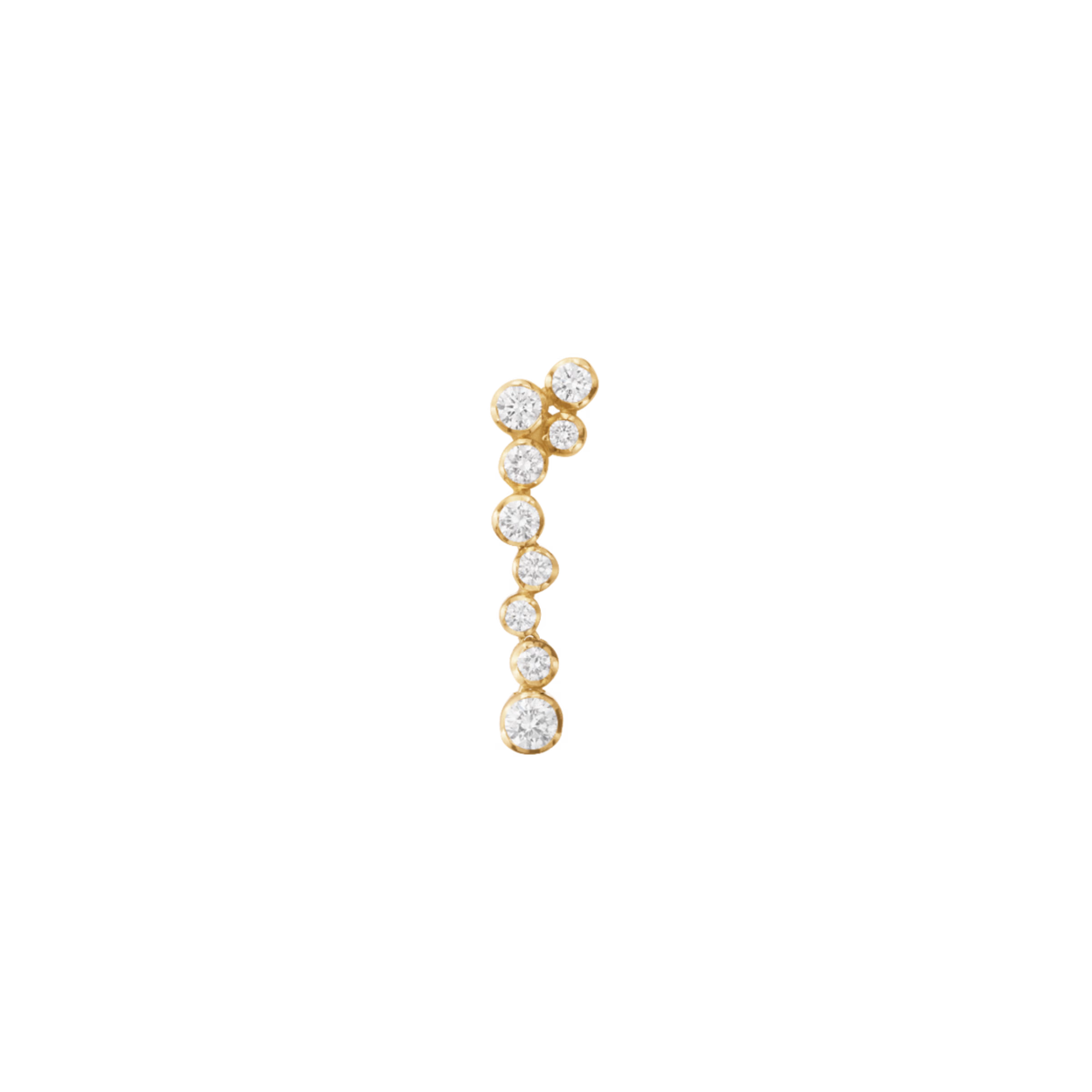 A truly unique piece of jewellery design, this exquisite 18kt gold earring is a remarkable work of craft. The diamonds, which vary in size, are interconnected in a manner that enables them to move gracefully, infusing the design with a captivating sense of motion. The piece is sold singularly but looks great when worn as a pair.