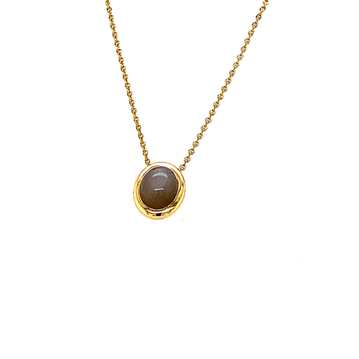 geelgoud collier met geelgouden hanger met grijze maansteen