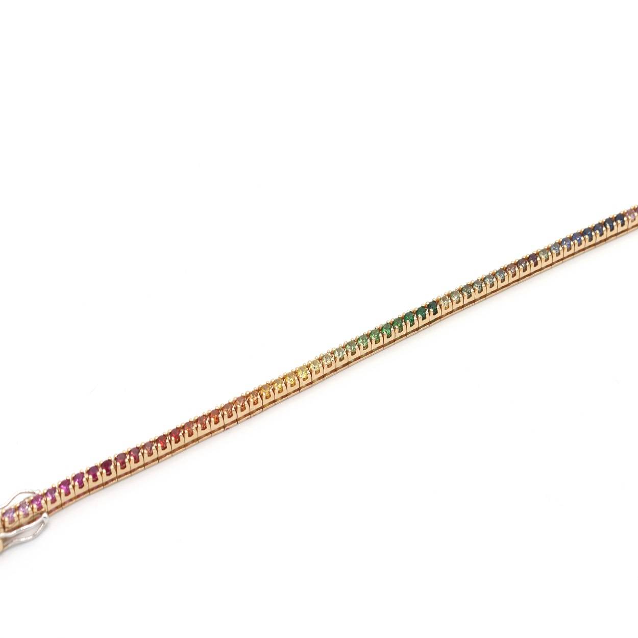 Tennisarmband in roségoud met saffieren in verschillende kleuren, rainbow look