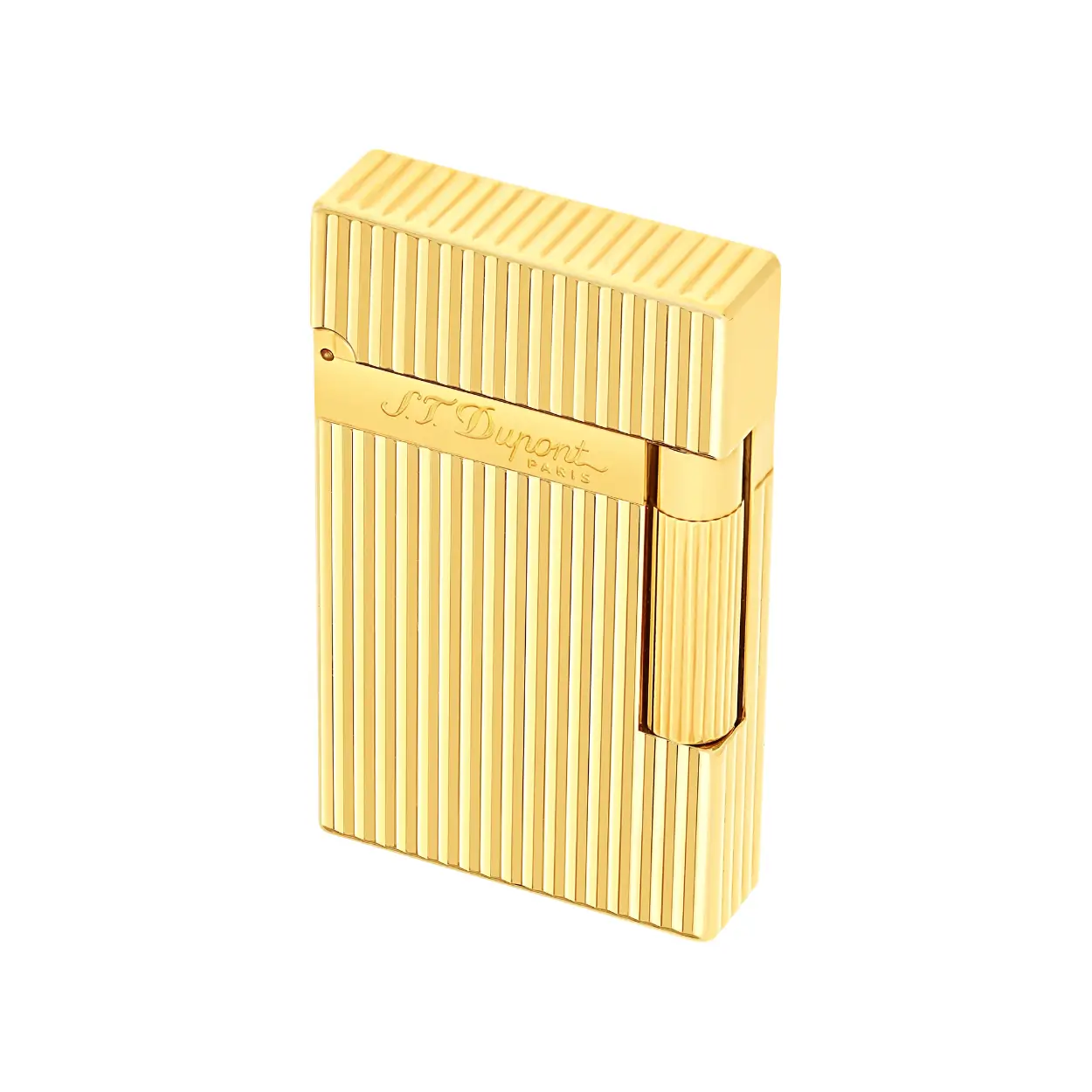Dubbele vlam gele aansteker. Versierd met verticale guilloche en geelgouden afwerking. Met de bekende "Cling" bij het openen. Bijbehorende aanstekersteen: zwart (REF 900601). Bijbehorende gasvulling: geel (REF 900432). Aansteker geleverd zonder benzine, navulling apart verkrijgbaar.

