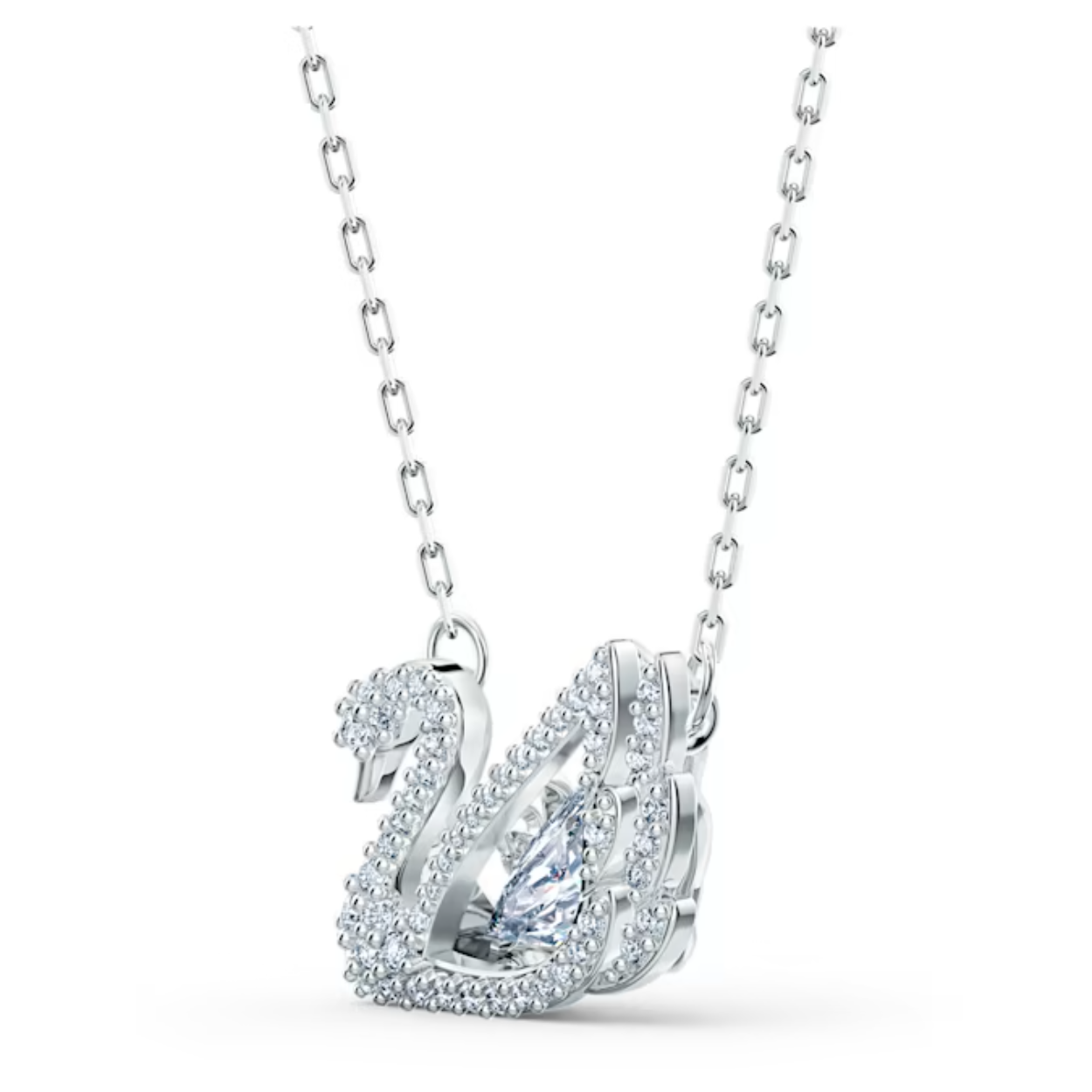 De zwaan is het symbool van sierlijke elegantie en edelmoedigheid en als zodanig het ideale logo voor Swarovski-sieraden. Deze ketting bevat een prachtige zwaan ingezet met talloze sprankelende witte stenen. In het midden is een grotere, briljant glanzende, dansende steen geplaatst. Deze rodium-vergulde ketting is een charmant cadeau voor een speciaal persoon. Minimale lengte van het collier is 38 cm en kan met 5 cm verlengd worden.