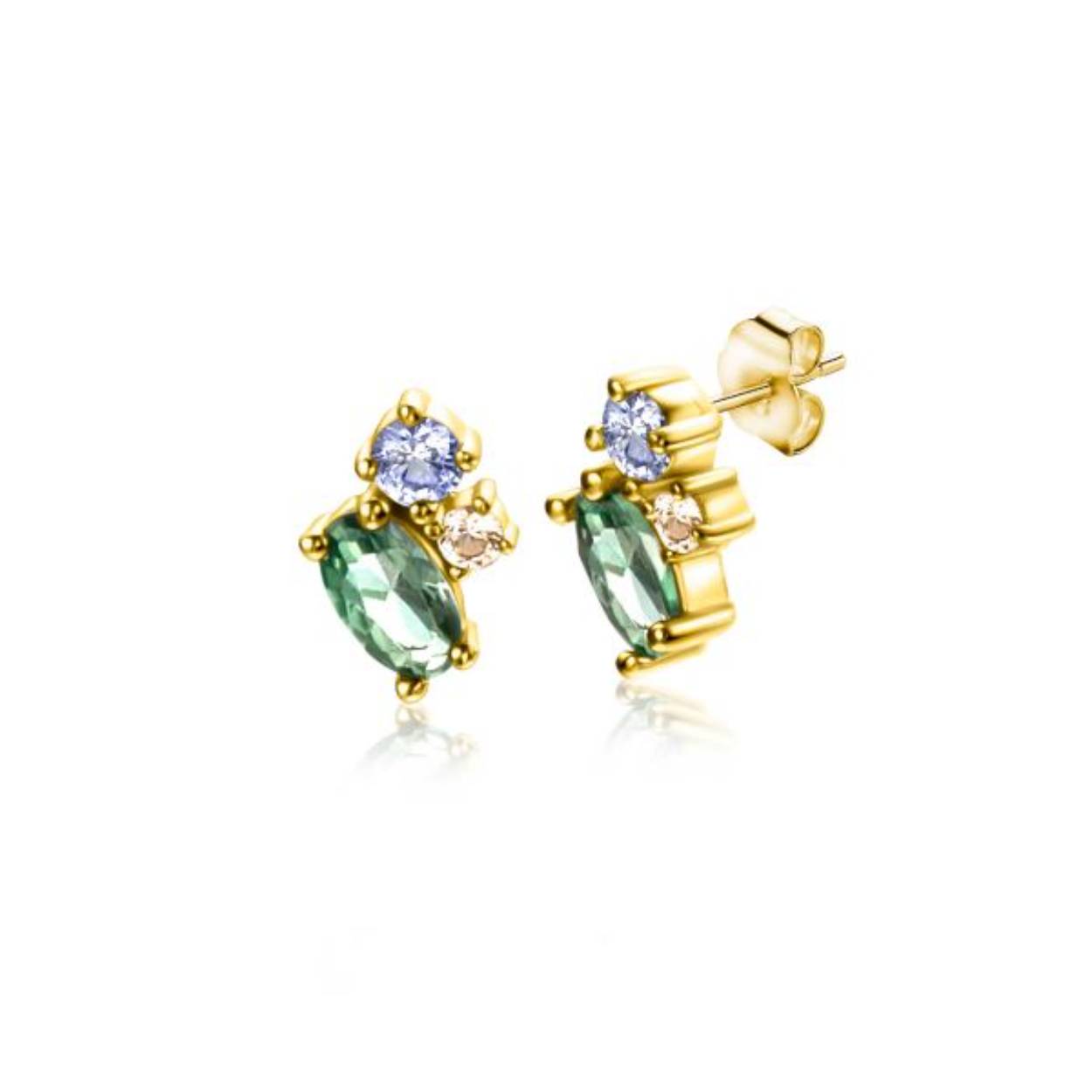 ZINZI Gold 14 krt gouden fantasie oorstekers bezet met champagne, lichtblauwe en groene zirkonia ZGO379.