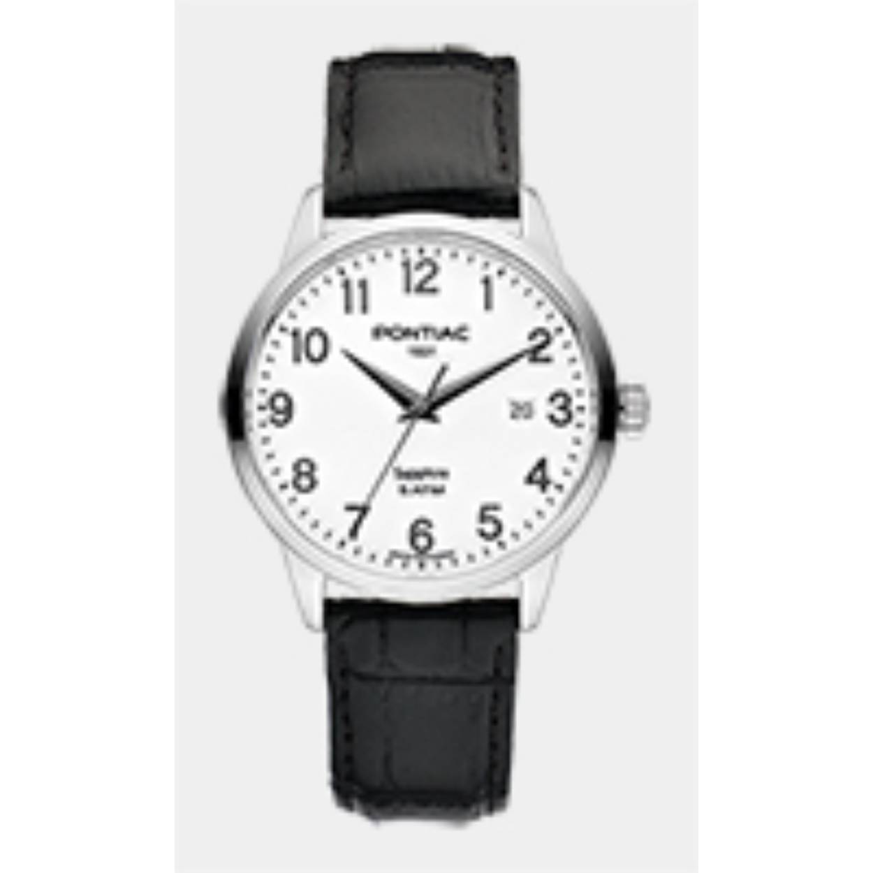 Dit herenhorloge is van het merk Pontiac. Het is een horloge gemaakt van edelstaal. De diameter van de kast is40 mm.
De verdere specificaties van het horloge zijn als volgt:
Glassoort: saffier kristal
Kastmateriaal: edelstaal
Waterdichtheid: 5 ATM
Techniek: quartz
Kastvorm: Rond
Kastkleur: Zilver
Bandmateriaal: Leer
Bandkleur: Zwart
Wijzerplaatkleur: Wit