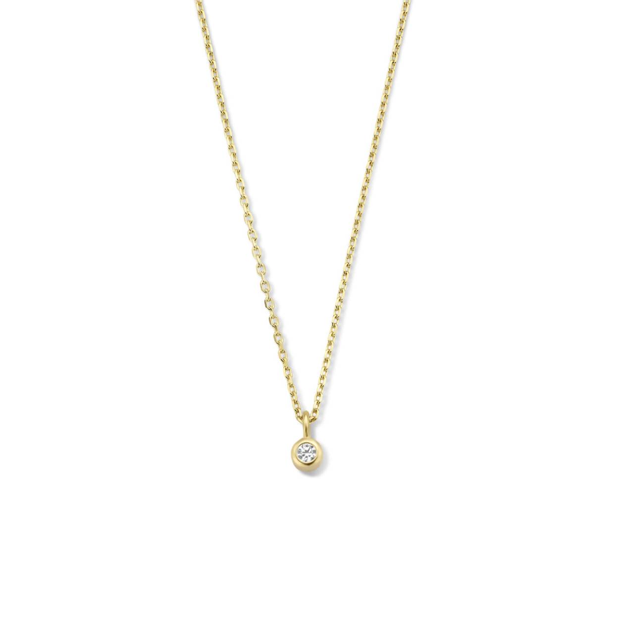 14k Geelgouden collier met heldere zirkonia. Het collier heeft een draaglengte 41cm en een extensie van 3cm. Uitgevoerd met een karabijn sluiting.