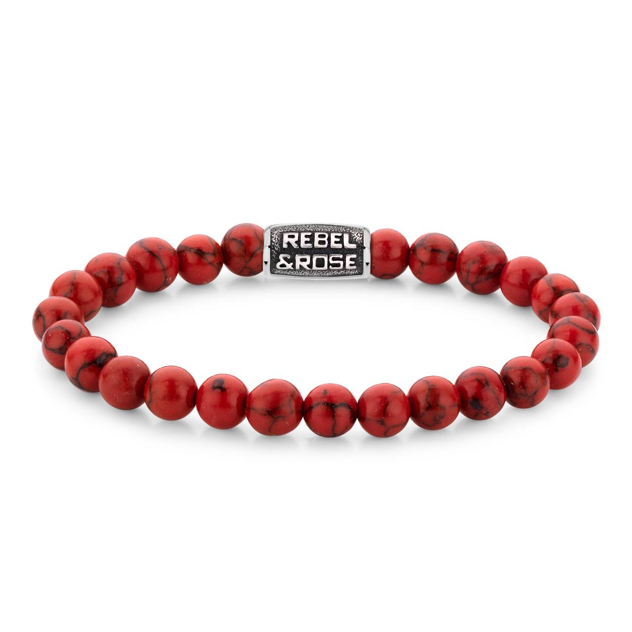 Natuurstenen armband van het merk Rebel & Rose. De armband heeft een hoogwaardige elastische stretch koord, 8mm rode Turkoois natuurstenen en RVS slotje