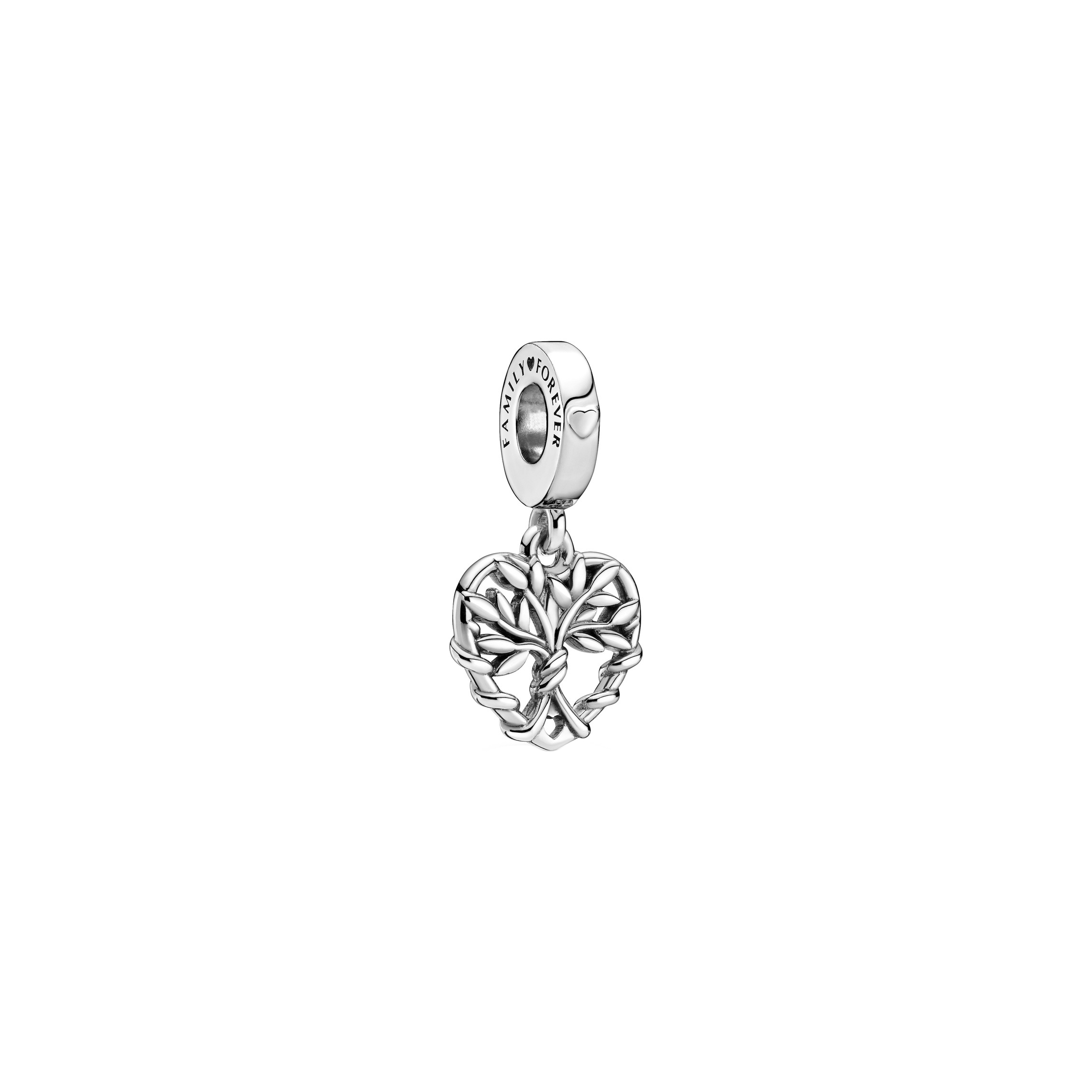 Deze Pandora charm heeft een hangende familie boom.