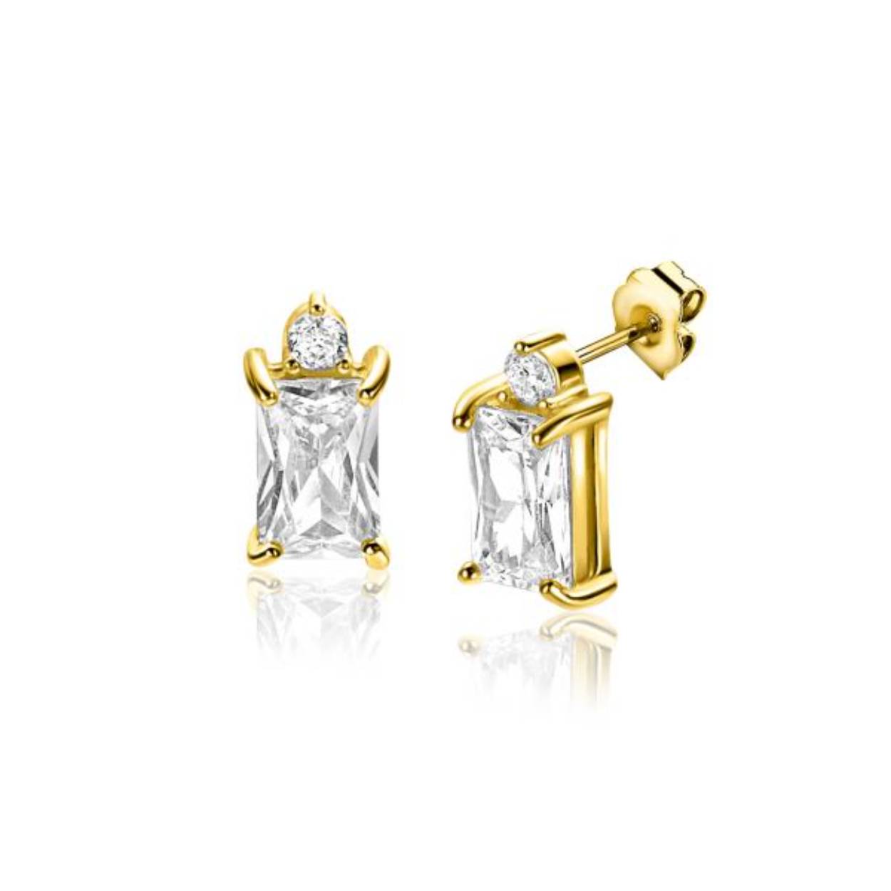 ZINZI gold plated zilveren oorstekers (9mm), bezet met baguette geslepen rechthoekige witte zirconia en daarboven kleine ronde witte zirconia. Vervaardigd van eerste gehalte zilver (925) en extra geelverguld.
