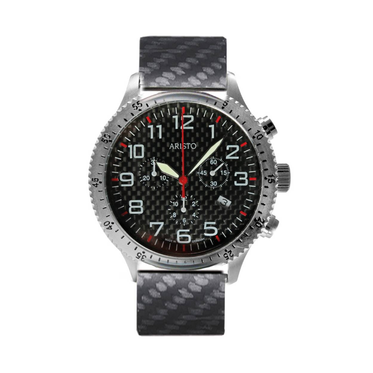 Edelstaal, carbon wijzerplaat, Ø 43 mm, met draaibare lunette, aan beide zijden draaibaar, lichtgevende cijfers en wijzers, gehard mineraalglas, waterbestendig 5 atm, Zwitsers Ronda quartz uurwerk 5030.D, met carbon/stalen half- sluiting.