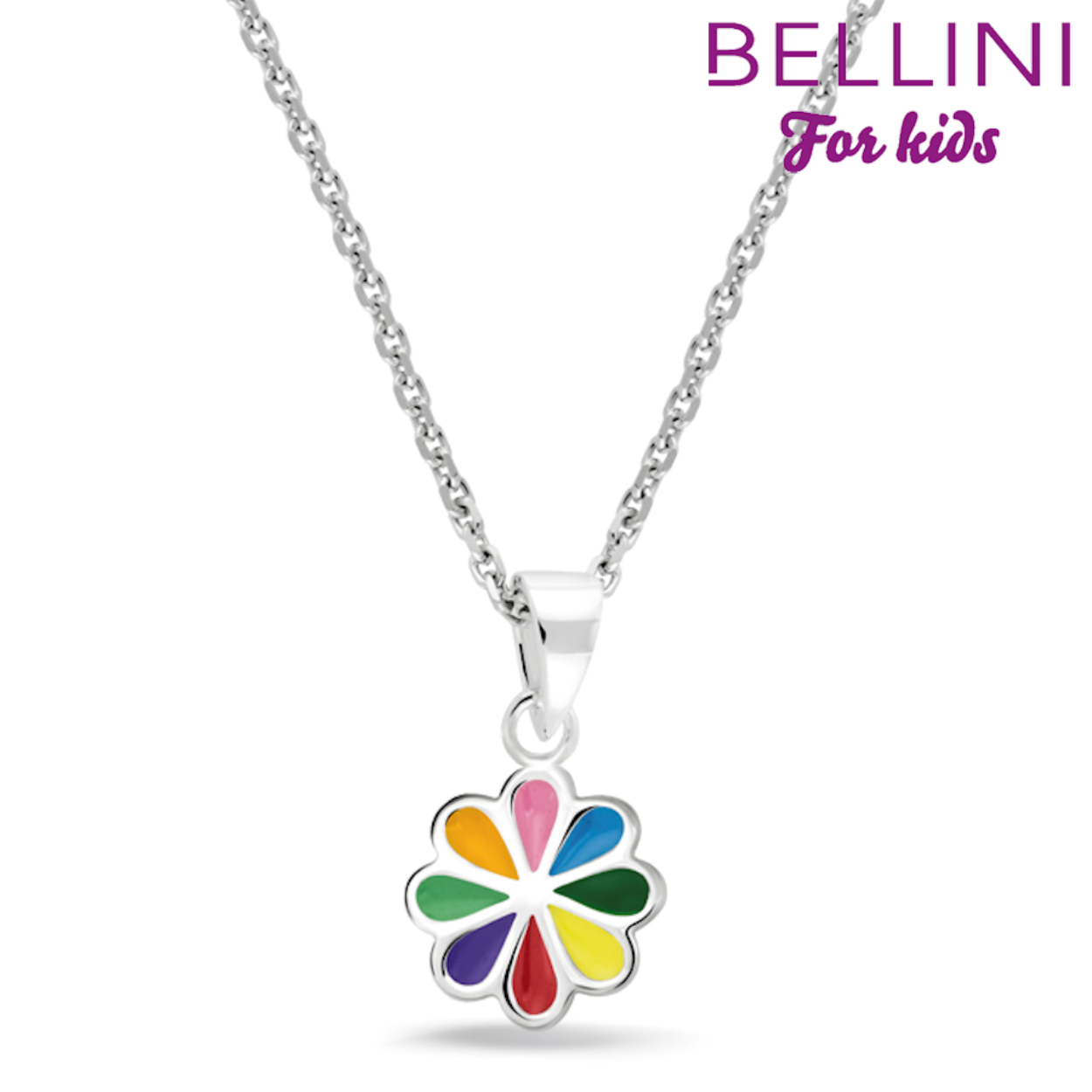 Bellini zilveren collier in gourmet schakel. De ketting kan op drie lengtes gedragen worden, op: 34, 36 en 38 centimeter. Aan het collier hangt een zilveren hanger in de vorm van een bloem De bloem heeft diverse kleuren,  geel, rood, oranje, paars, licht groen, oranje, roze, licht blauw en groen.
Maak een complete sieraden set door het collier te combineren met de bijpassende oorstekers en ringen. Alle Bellini kindersieraden worden geleverd in het bijbehorende roze sieradendoosje of buideltje en zijn een perfect cadeau voor een verjaardag, zwemdiploma, communie of andere feestelijke gelegenheid. Bellini for kids is een sieradenlijn welke speciaal voor de jonge meisjes is ontworpen. De gehele Bellini collectie is gemaakt van het eerste gehalte zilver (925) en voorzien van zirkonia's of vrolijk gekleurd emaille.