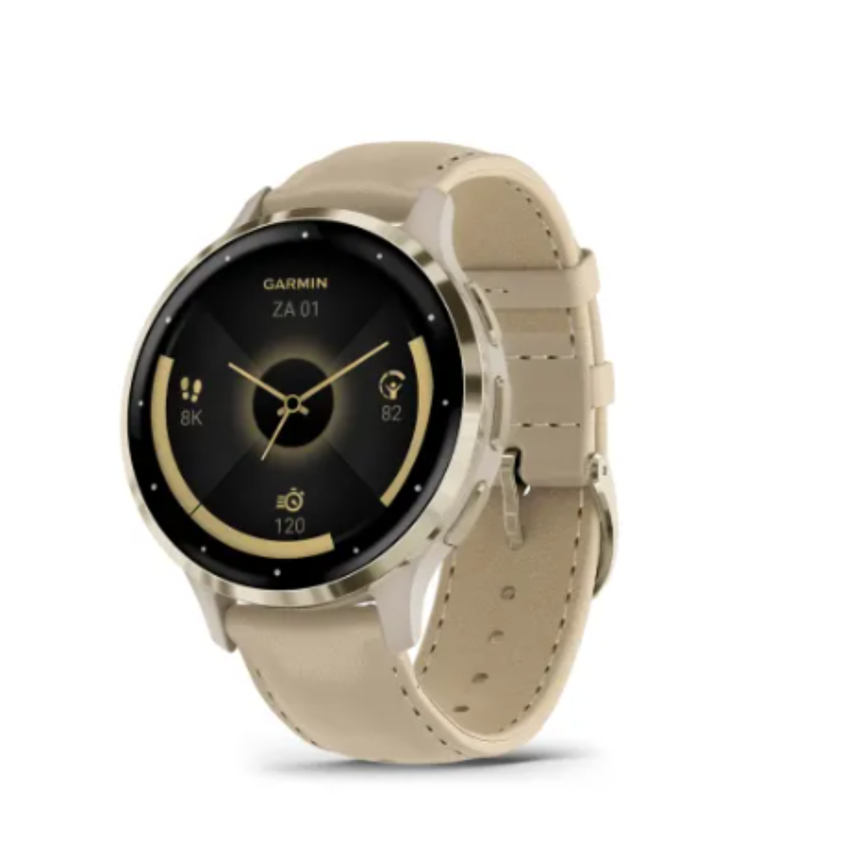Garmin Venu 3S Soft Gold rand van roestvrij staal met French Grey behuizing en leren band - 010-02785-55