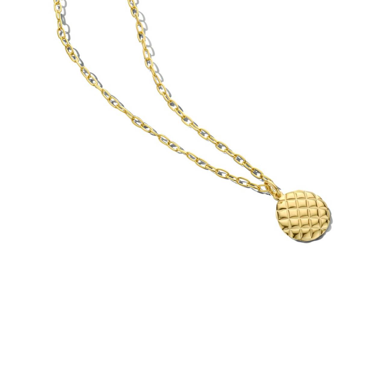 Geelgoud op 925 zilveren collier uitgevoerd met een ronde hanger. Het collier heeft een draaglengte van 42cm met een extensie van 3cm. Geen garantie op plating.