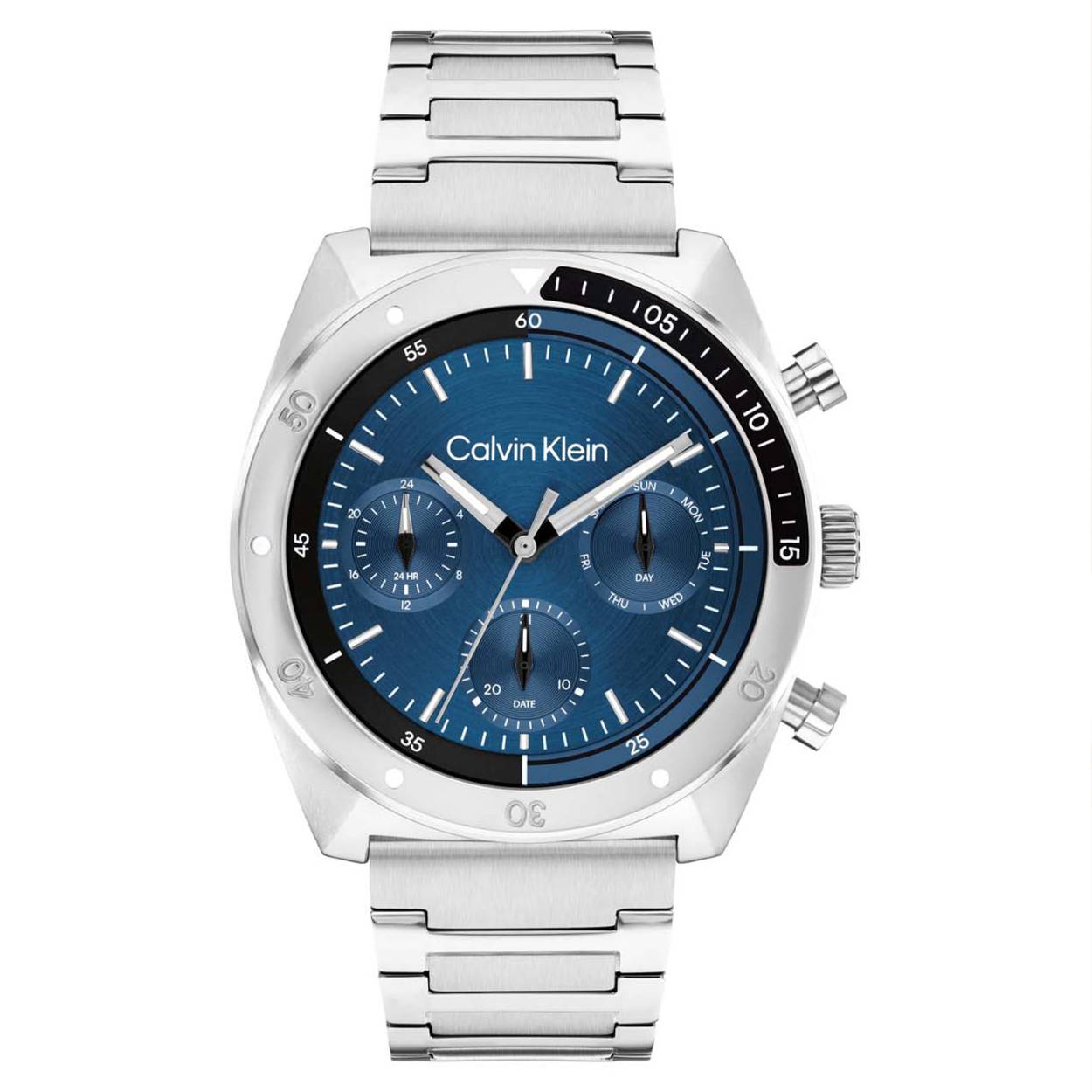 Dit Calvin Klein horloge behoort tot de Flex collectie.
Referentienummer: CK25300464

Dit Calvin Klein horloge is een stoer en stijlvol ontwerp. De zilverkleurige ronde stalen kast heeft een bewerkte bezel en een geschuurde blauwe wijzerplaat met dag, datum en 24-uursaanduiding. De wijzers en strepen zijn ingelegd met lumibrite. Aan de kast zit een zilverkleurige stalen mat glanzende schakelband met vouwsluiting. Het herenhorloge heeft een mineraalglas, een doorsnee van 42mm en is 5ATM waterdicht.
