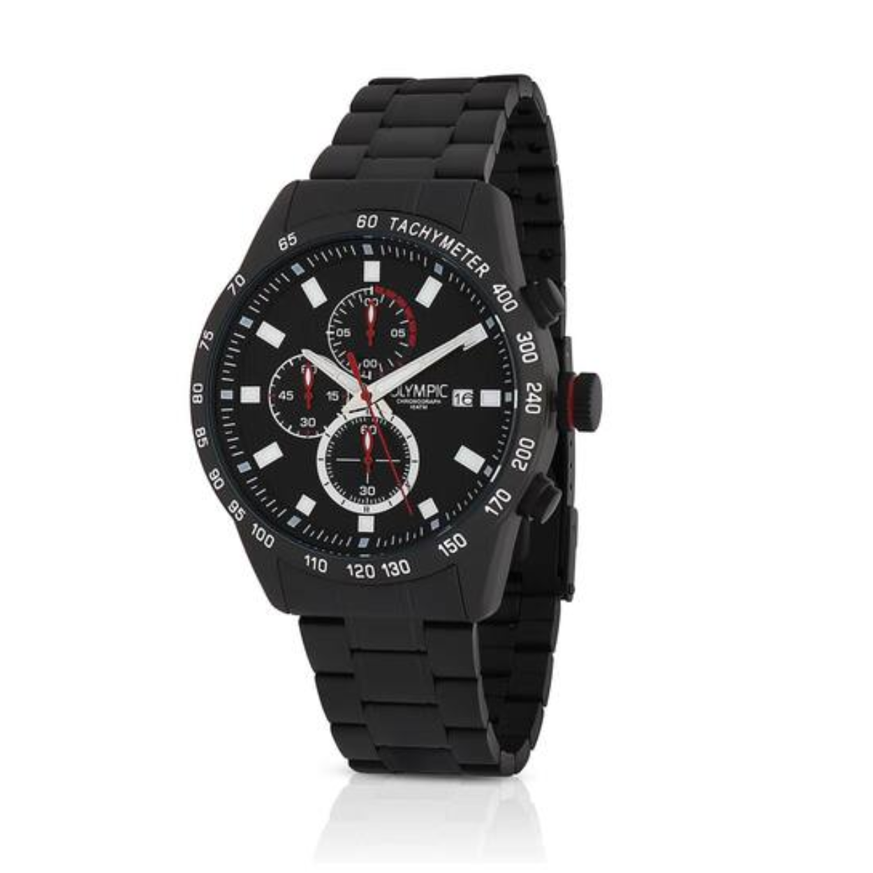 Olympic OL72HZZ003 MAX Horloge - Zwart staal -Bracelet - Zwart - 44mm 
Dit unieke Olympic horloge met artikelnummer: OL72HZZ003 is een herenhorloge met chronograaf en heeft een sportieve uitstraling. De zwarte stalen kast heeft een zwarte bezel met een tachymeter en een zwarte wijzerplaat met een datum en chronograaf. De uursaanduiding is opvallend door de lumibrite strepen en wijzers. De rode accenten geven het horloge een sportief uiterlijk. Aan de stalen kast zit een zwarte stalen schakelband met een vouwsluiting. Het horloge heeft een mineraalglas, een doorsnee van 44mm en is 10ATM.

Waterdichtheid 10ATM
Dit horloge is bestand tegen water bij het zwemmen en douchen. Dit horloge is niet bestand tegen (grote) waterdruk dus je kunt er niet mee duiken.

Het merk:
Een mooi horloge hoeft niet duur te zijn! Het Nederlandse horlogemerk Olympic levert stoere chronografen, slimline series, digitale uurwerken en elegante dameshorloges. De prijs-kwaliteitverhouding staat bij Olympic hoog in het vaandel met prijzen die uiteenlopen van € 34,95 tot en met € 159,00.

100% Nederlands ontwerp, waterdicht en standaard 3 jaar fabrieksgarantie.

Specificaties:
- Ronde kast Ø 44mm
- Zwarte stalen horlogekast
- Zwarte wijzerplaat
- Zwarte stalen schakelband
- 10ATM 
- Standaard 3 jaar fabrieksgarantie
- Mineraalglas