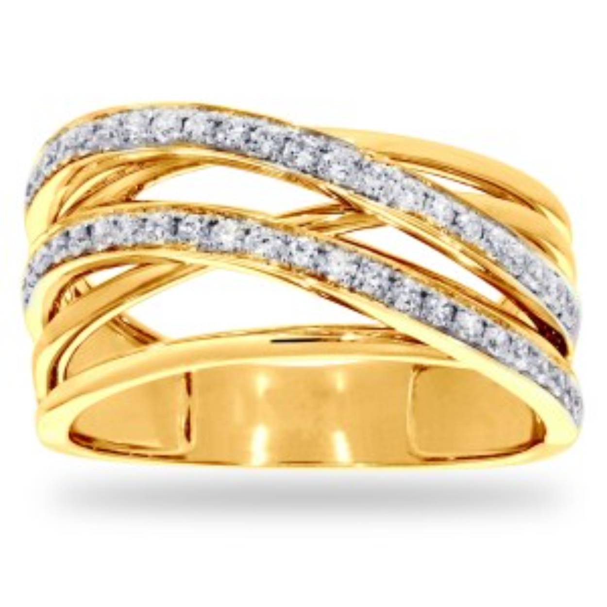 Deze 14 karaat ring is gemaakt van 14 karaat geelgouden en de 2 witgouden diagonale banen zijn verrijkt met 46 diamanten. Deze diamanten zijn in briljant vorm geslepen en hebben een gezamenlijk gewicht van 0,32 ct.