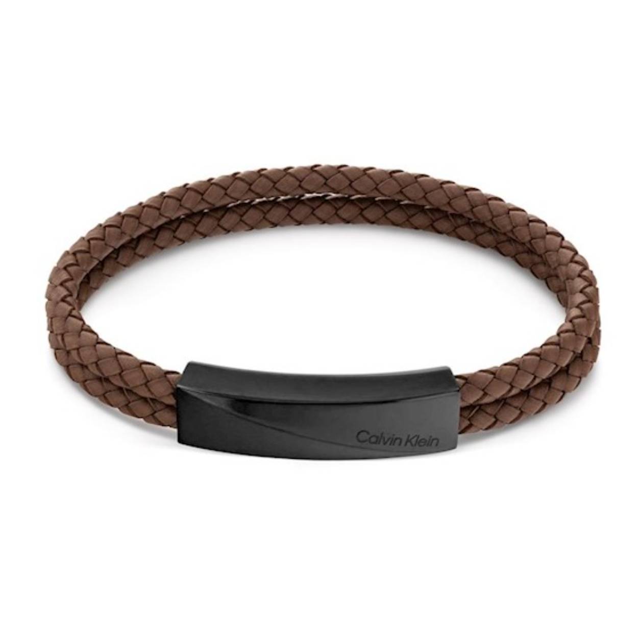 Calvin Klein armband leer Braided bracelet CJ35000100.  Leer gevlochten armband. Kleur van de armband is bruin. Stalen rechthoek is zwart van kleur.