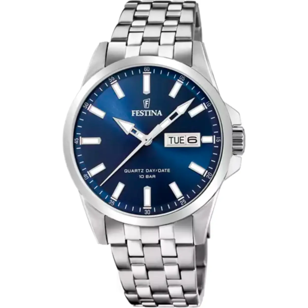 Festina herenuurwerk uit de 'classics' collectie - Zilverkleurige metalen kast en band - Blauwe wijzerplaat met dag/datumaanduiding - Waterdichtheid: 10 ATM