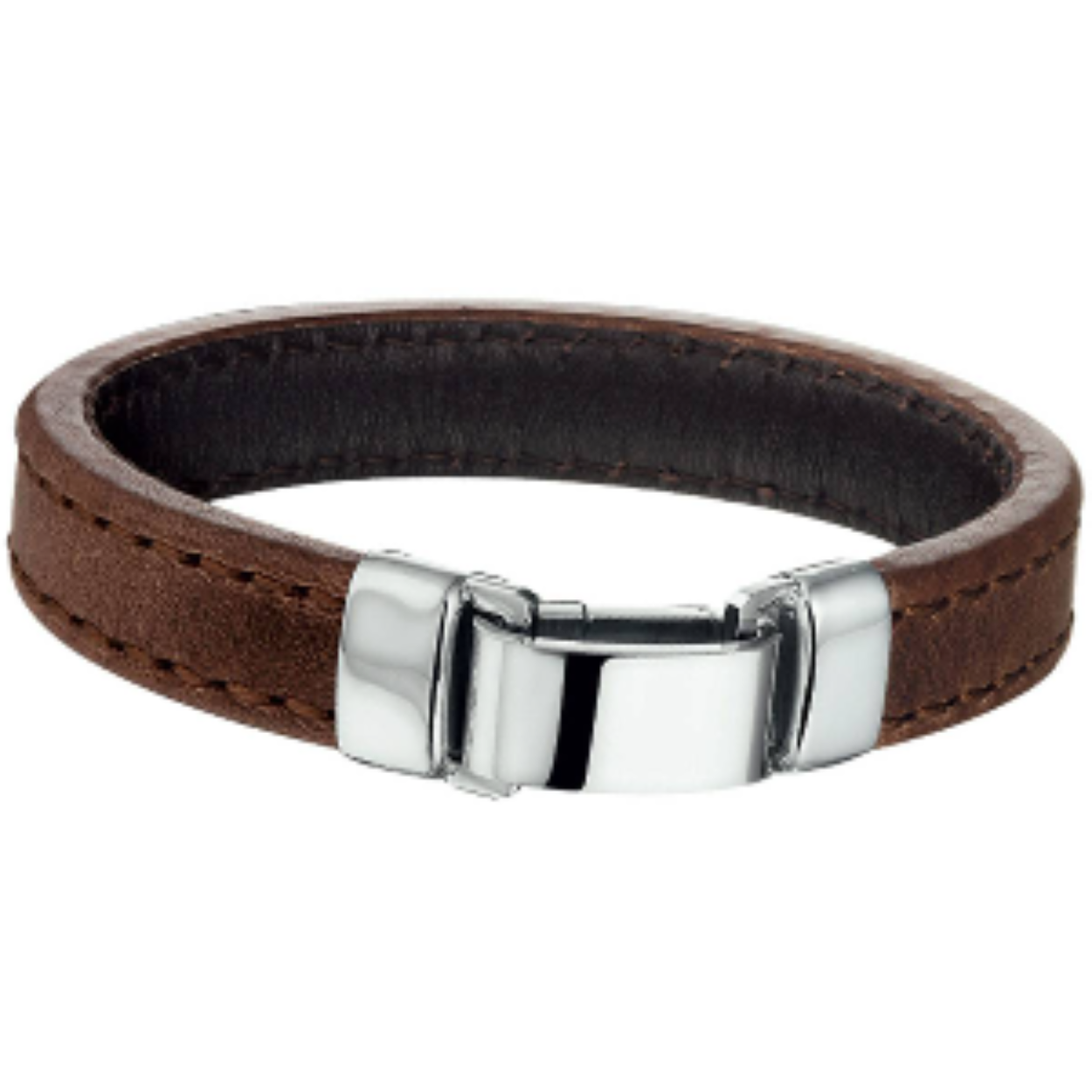 herenarmband leer/staal bruin 21cm