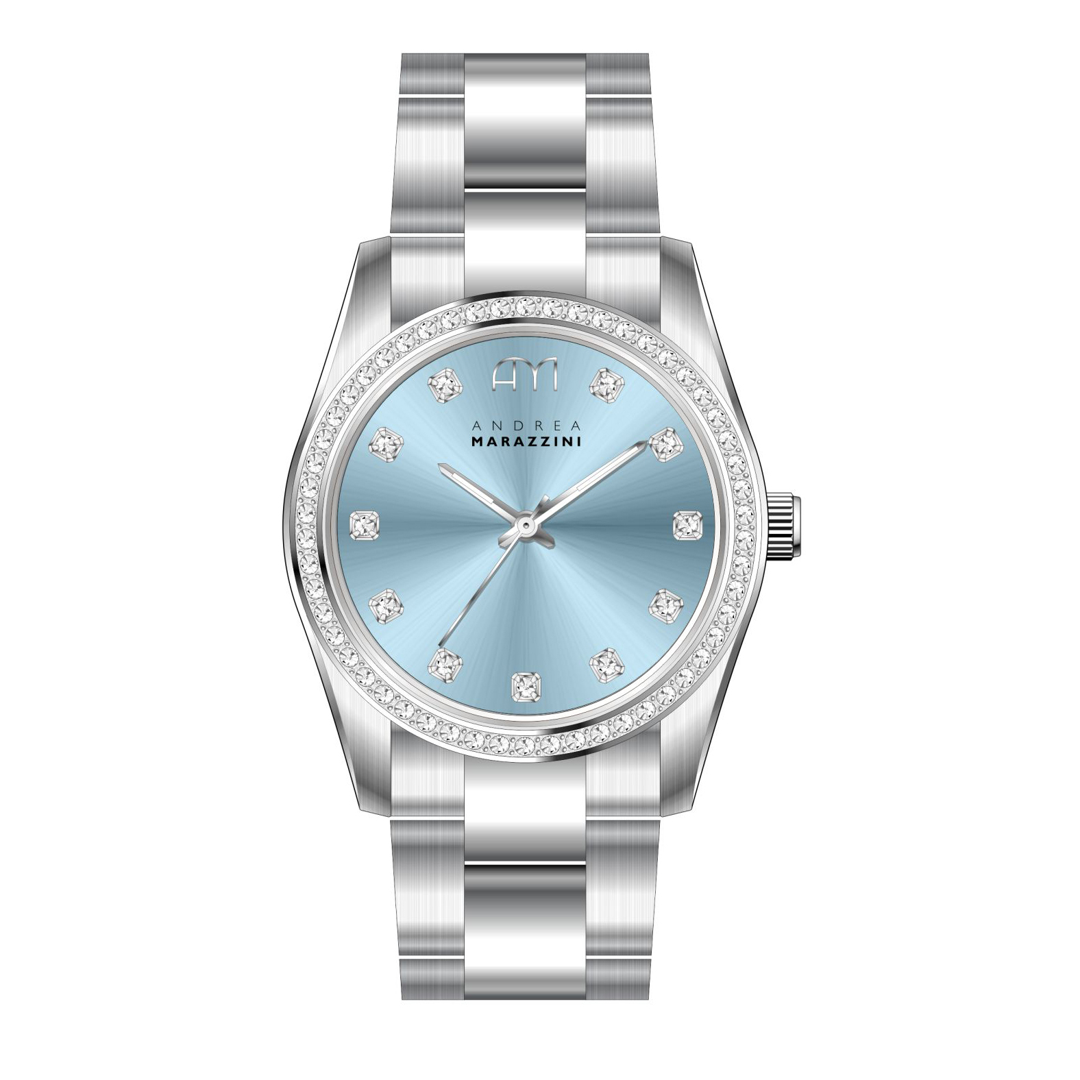 Blue Sunray Dial - Andrea Marazzini Watch van de Classe Collection.

Glanzende Stainless Steel band met witte stenen in het uurwerk.

5 ATM water resistant.