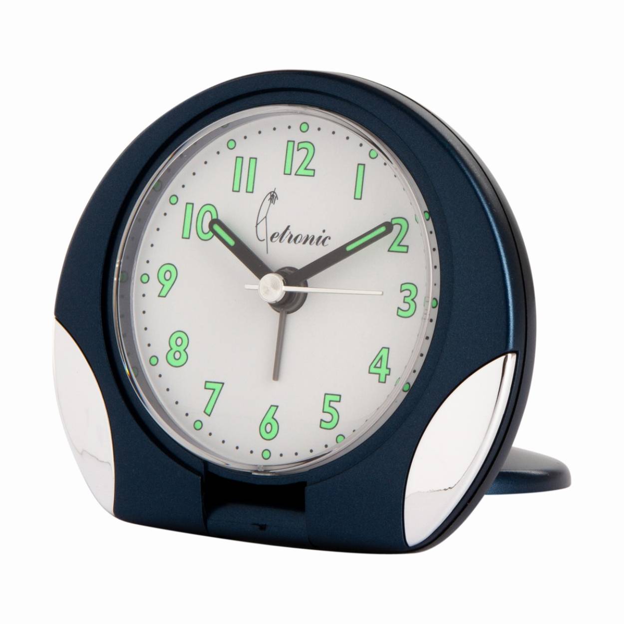 Compacte reiswekker met alarm - Snooze functie - Lichtgevende cijfers en wijzers - Kleur: donkerblauw - Afmetingen: 81mm x 72mm x 23mm