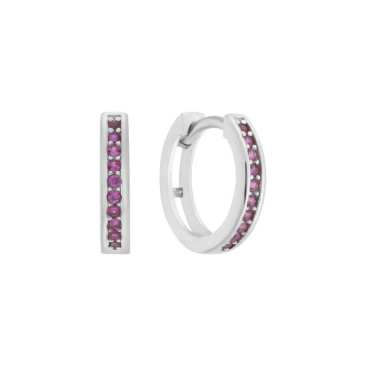 Zilveren oorringen met klapsluiting met donkerroze zirkonia