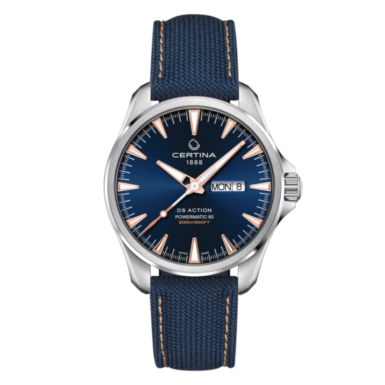 DS ACTION DAY-DATE. Het uurwerk is een automaat uurwerk. Het glas is een saffier glas. Er zit een blauw band aan het horloge met vouwsluiting. Het horloge is 200 m waterdicht. C0324301804101