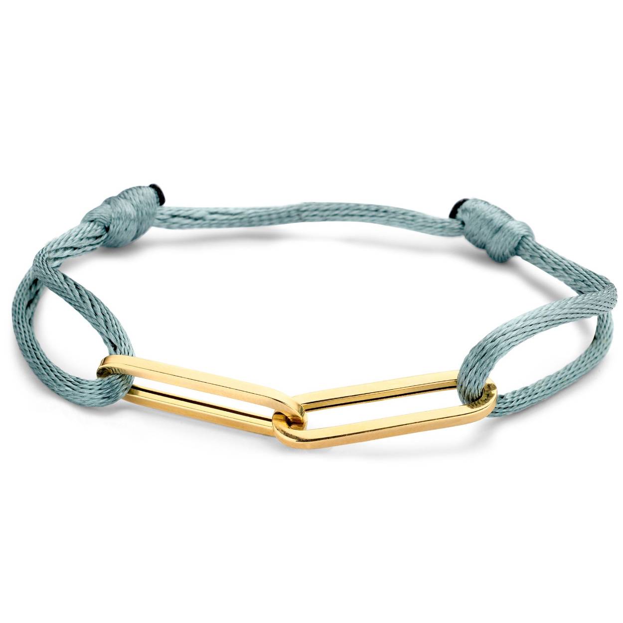 Deze prachtige armband met twee 14 karaat gouden links is tijdloos en uniek. De links zitten los in elkaar en geeft hiermee een speels effect aan de armband. Kies jouw favoriete kleur Satijnkoord om deze armband helemaal naar wens te maken