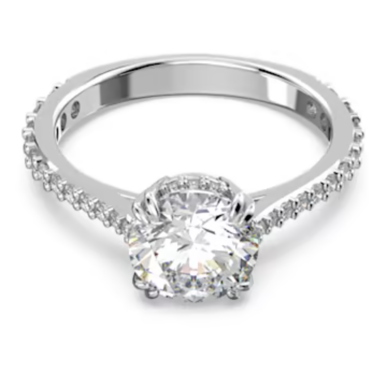Deze Stilla-ring bewijst dat eenvoud krachtig kan zijn en mag niet in uw collectie ontbreken. De vakkundig vervaardigde steen met princess-slijpvorm in het midden is voorzien van elegant pavé op de rijen en langs de band met rodium toplaag. Draag afzonderlijk en laat uw look stralen.