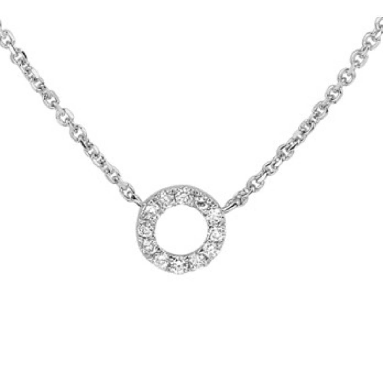 14k Witgouden collier met een cirkel van diamant 0.05ct. De lengte bedraagt 41 - 43 - 45cm en de schakelbreedte is 0.8mm.