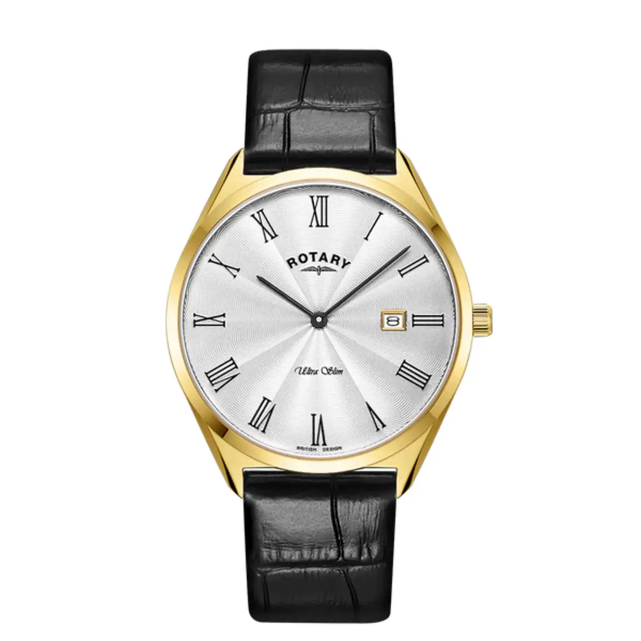 Embrace simple glamour with our quietly chic watches from the Ultra Slim family. With a case profile of just 5.7mm, the new generation Ultra Slim is a refined, classic lightweight watch collection. Each timepiece sits neatly on the wrist with ample room left to slip under a shirt cuff. Each carefully crafted timepiece is equipped with a reliable quartz movement housed in a 38mm polished Gold PVD Stainless Steel case. Featuring a silver dial with guilloche pattern, date window at 6 O'clock and black Roman numeral markers, the timepiece is an example of elegant minimalism. Shielded by scratch resistant sapphire glass, this classic watch is features a black leather strap for a more adaptable effect.