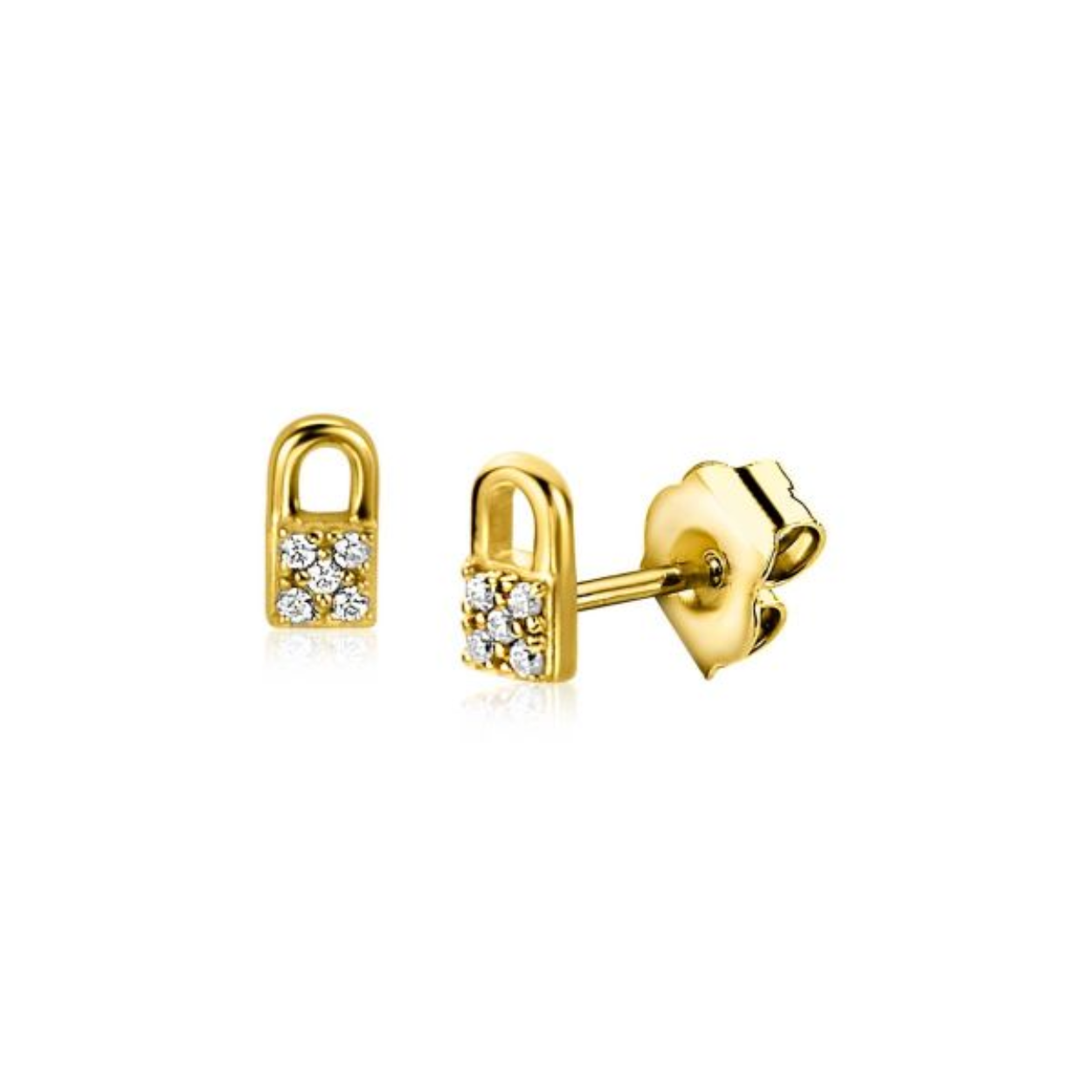 ZINZI gold plated zilveren oorknopjes 6mm als trendy slotje, bezet met witte zirconia's. 