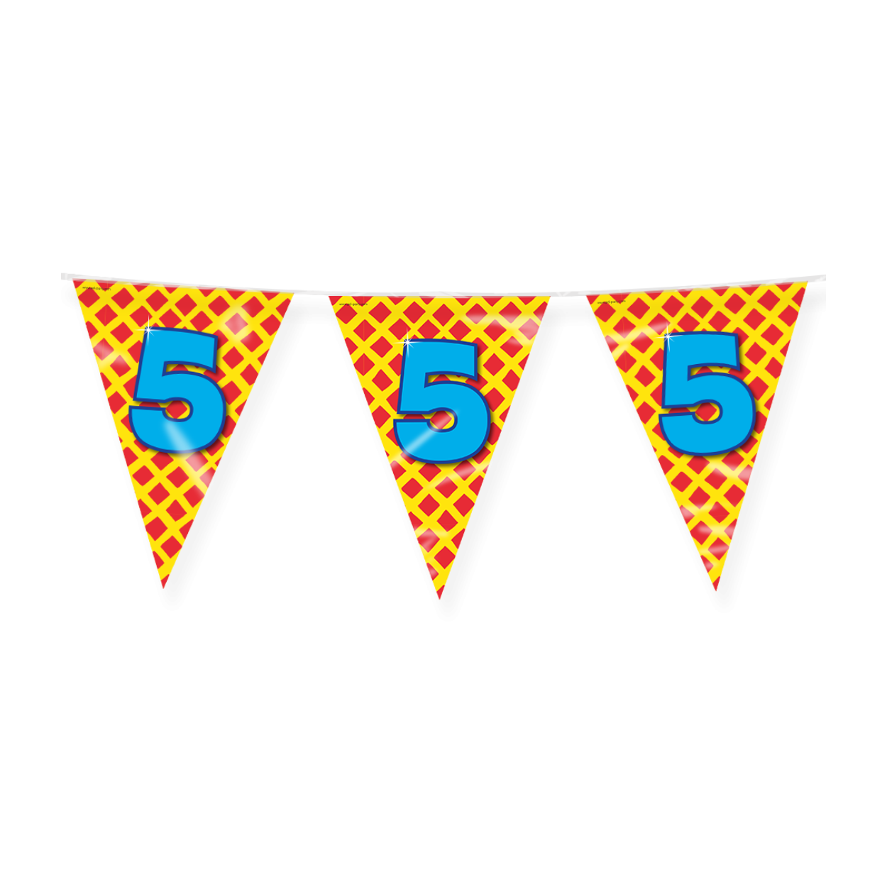 De Happy party flags 5 zijn de ideale versiering op de verjaardag van een 5-jarige. Door de vrolijke kleuren vallen deze party vlaggen dan ook extra goed op! De aan beide kanten bedrukte vlaggetjes zijn gemaakt van folie, hebben een lengte van 10 meter