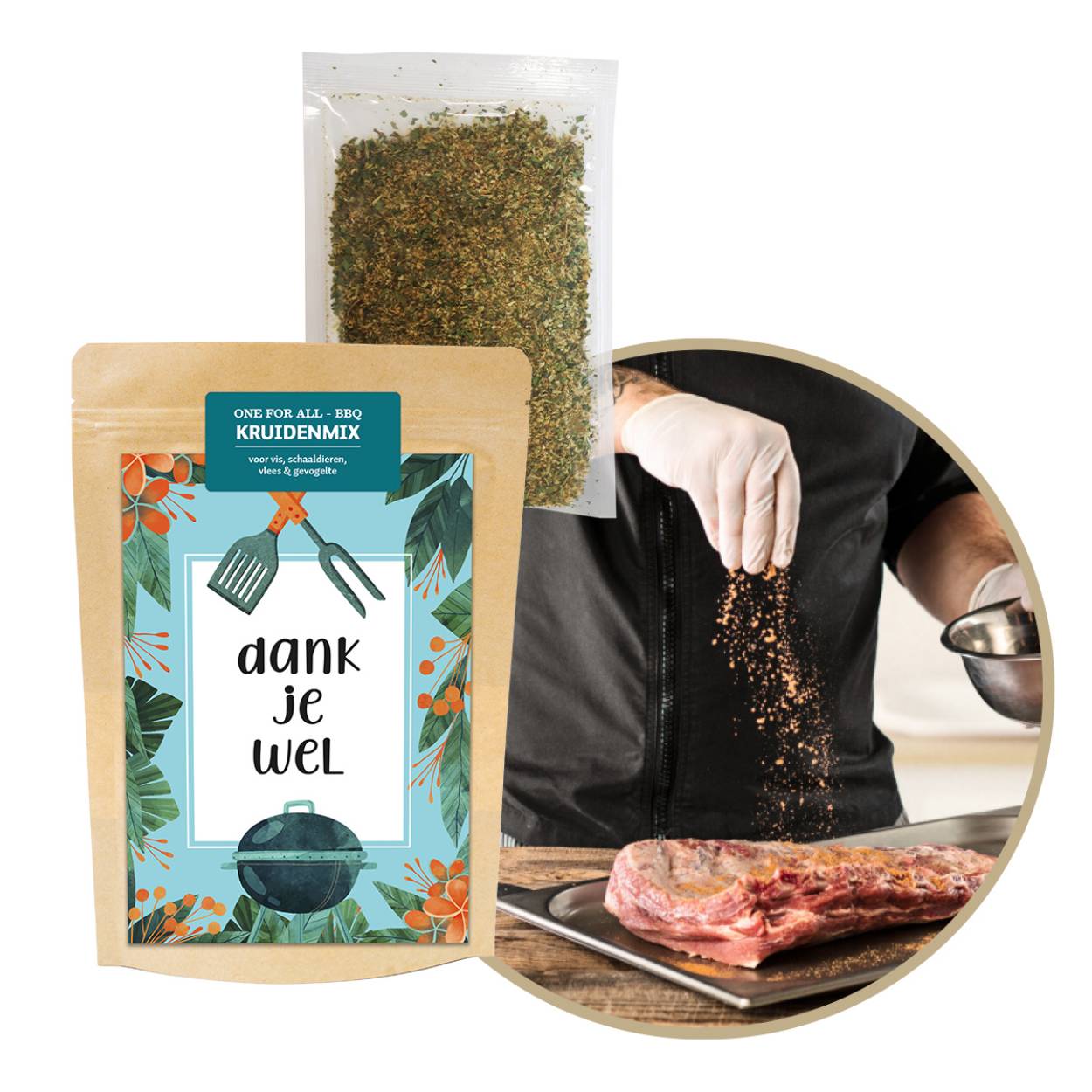 BBQ Kruiden • Natural Gifts • Spice Rub • Inhoud: 50 gr. BBQ Kruidenmix (ui, knoflook, zout, peper, koriander, suiker, mosterdmeel geel, peterselie, komijnzaad, rozemarijn, tijm)