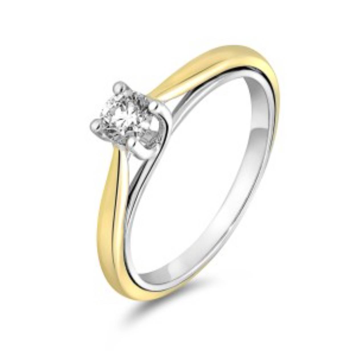 Goud Bicolour 14 karaat solitaire ring met 0.20 crt diamant, briljant geslepen.