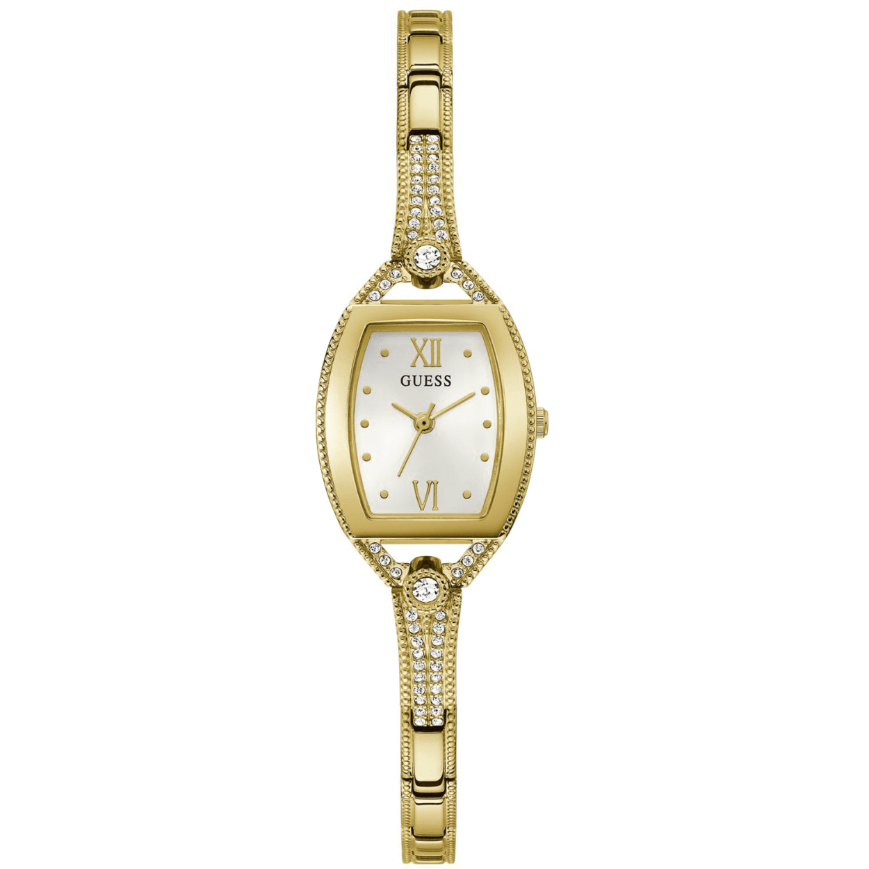 Dit Guess GW0249L2 Bella horloge is een uniek, verfijnd en heerlijk horloge met strakke look. Een goudkleurig edelstalen model met heldere wijzerplaat en slanke wijzers op de wijzerplaat. De kast heeft een diameter van 22 millimeter en super slanke schakelband met transparant zirkonia. Een indrukwekkend model voor de meest bijzondere momenten.