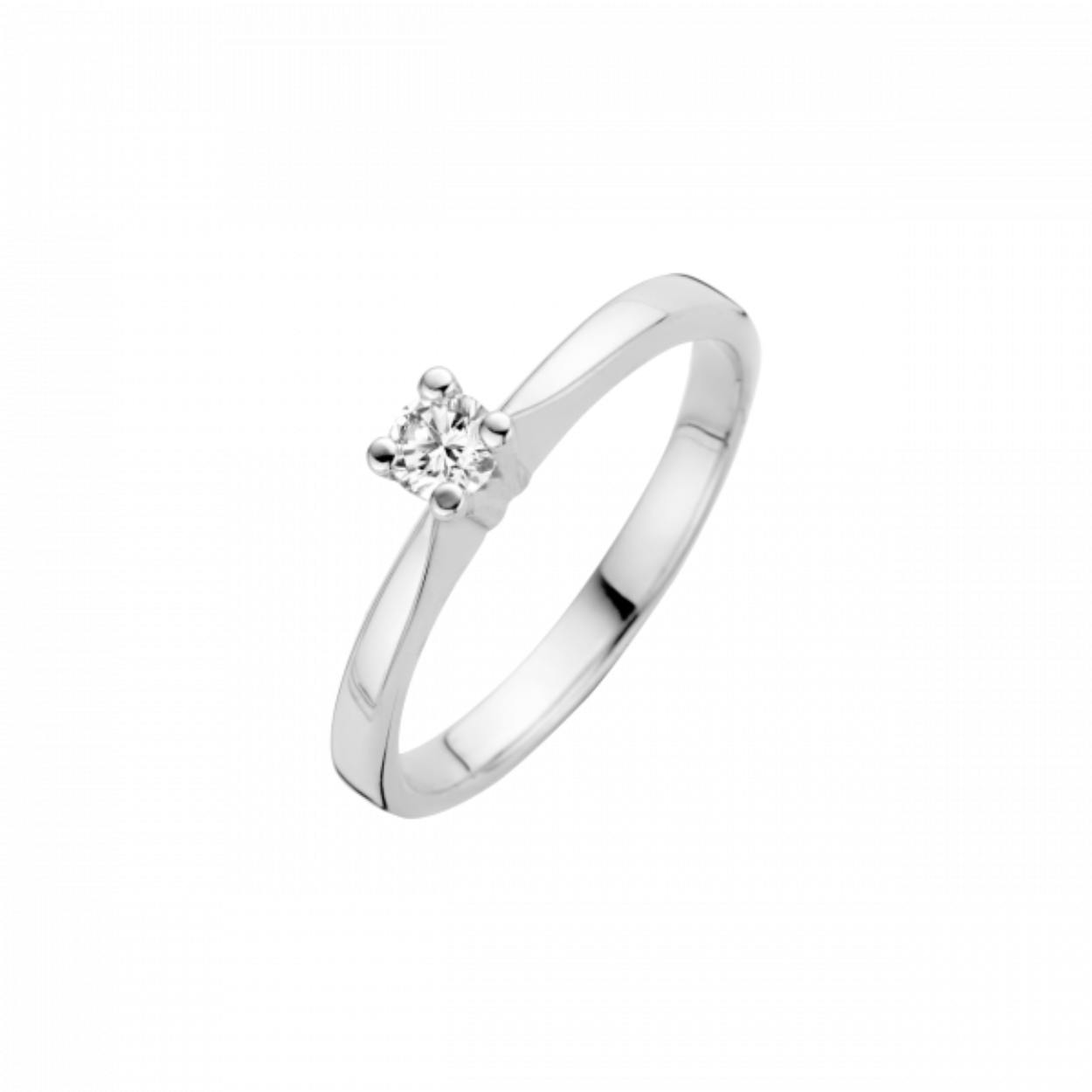 14 krt witgouden solitair ring met 0.03ct briljantgeslepen diamant in 6-ppot chaton. Deze ring zit in de groeibriljant-serie, vraag naar de mogelijkheden.