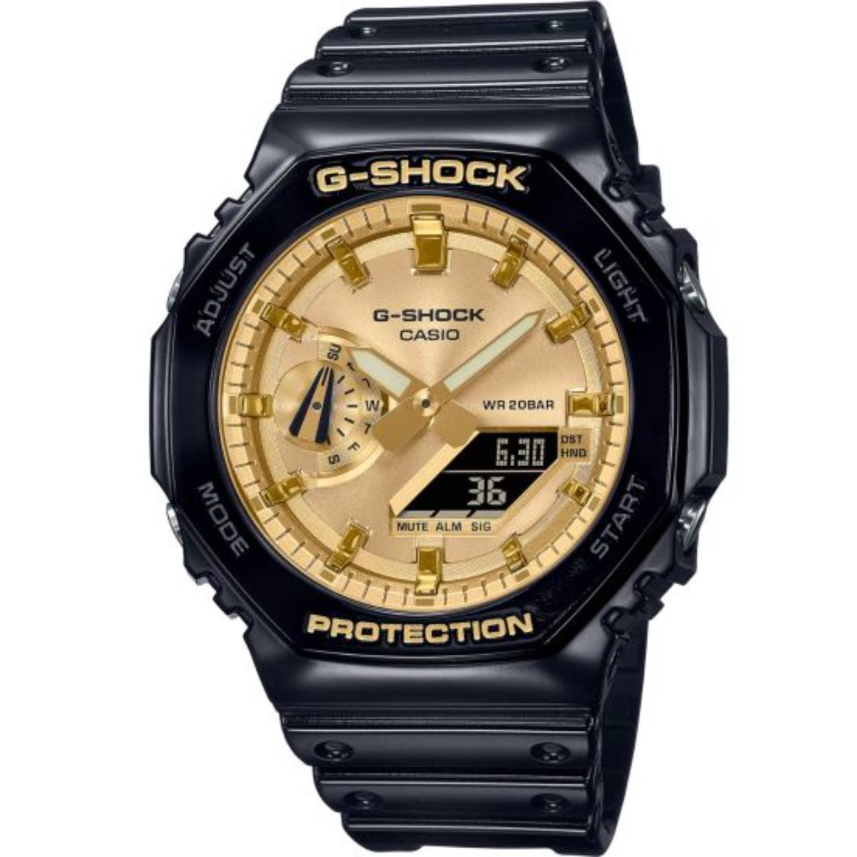 Ga voor metaal in coole, gerafineerde kleuren met deze slanke GA-2100 die is geïnspireerd op het ontwerp van de allereerste G-SHOCK ooit.

Glanzend gepolijste metallic kleuren komen samen met de iconische achthoekige vorm van de DW-5000C, de originele G-SHOCK. Dit sterke horloge combineert digitale en analoge technologie en is van de rand tot aan de onderkant van de kast maar 11,8 mm dik. Een slank ontwerp met de beroemde robuuste G-SHOCK constructie.

De wijzerplaat is prachtig afgewerkt met een cirkelvormige haarlijn afwerking. Net als de indexmarkeringen is hij behandeld met een goudkleurige dampafzetting. Voeg daar een rand en band in glanzend zwart aan toe, en je hebt een horloge dat even opvallend als elegant is.