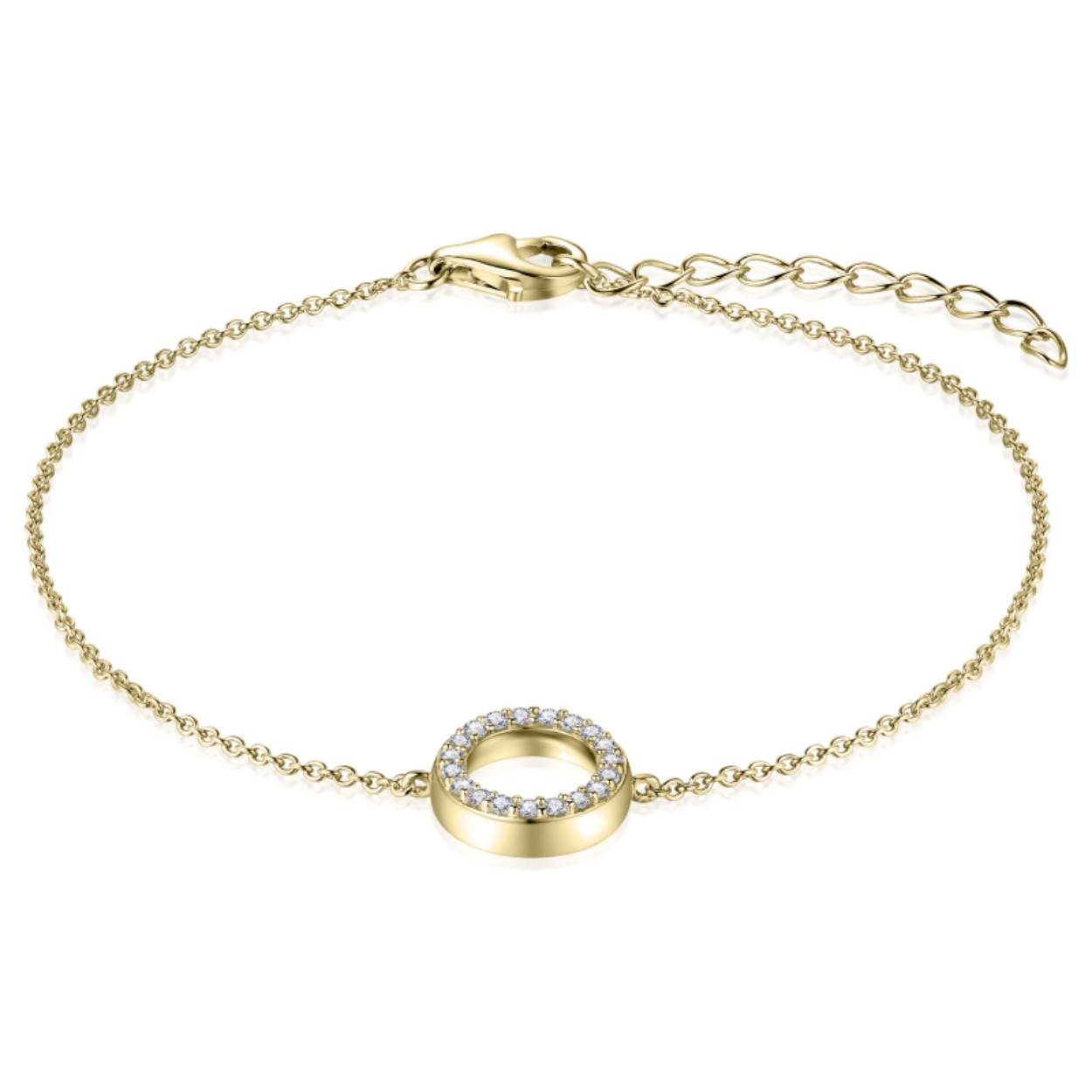Mooie Zilver vergulde anker schakel armband met in het midden een opengewerkte cirkel bezet met  zirkonia's in klauwzetting. 
Lengte: 17 cm + 3 cm.

Leuk om te combineren met de bijpassende hanger P10474Y en/of 
oorstekers E1008Y