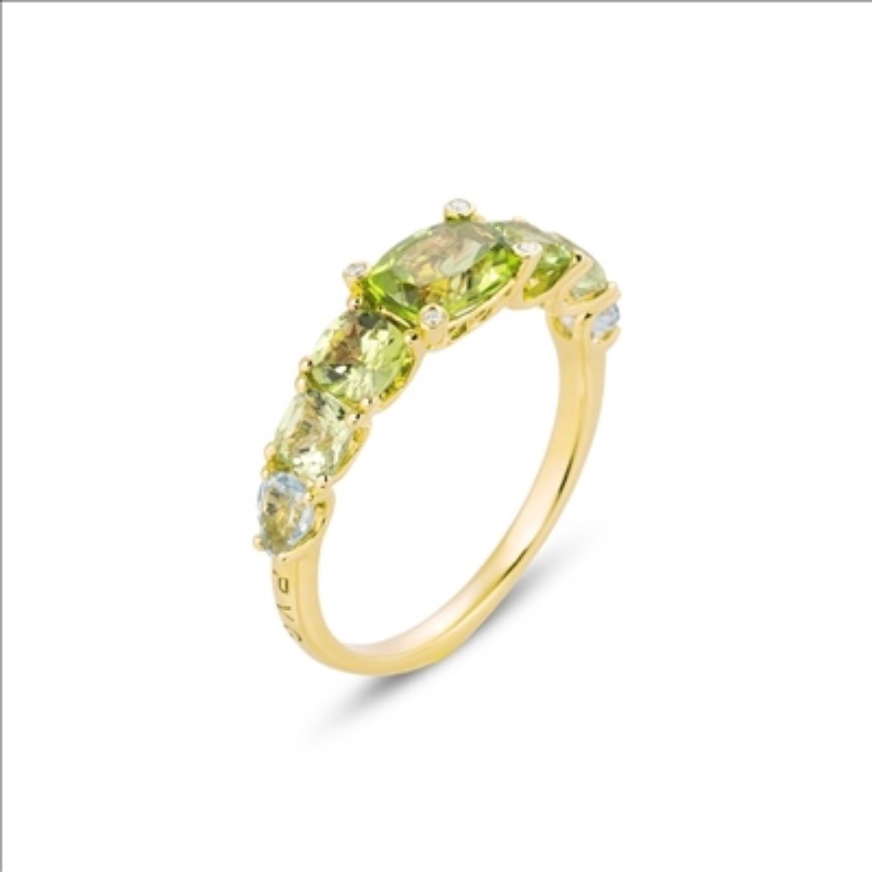 18 karaat gouden ring peridot, amethist, sky topaas en diamant 