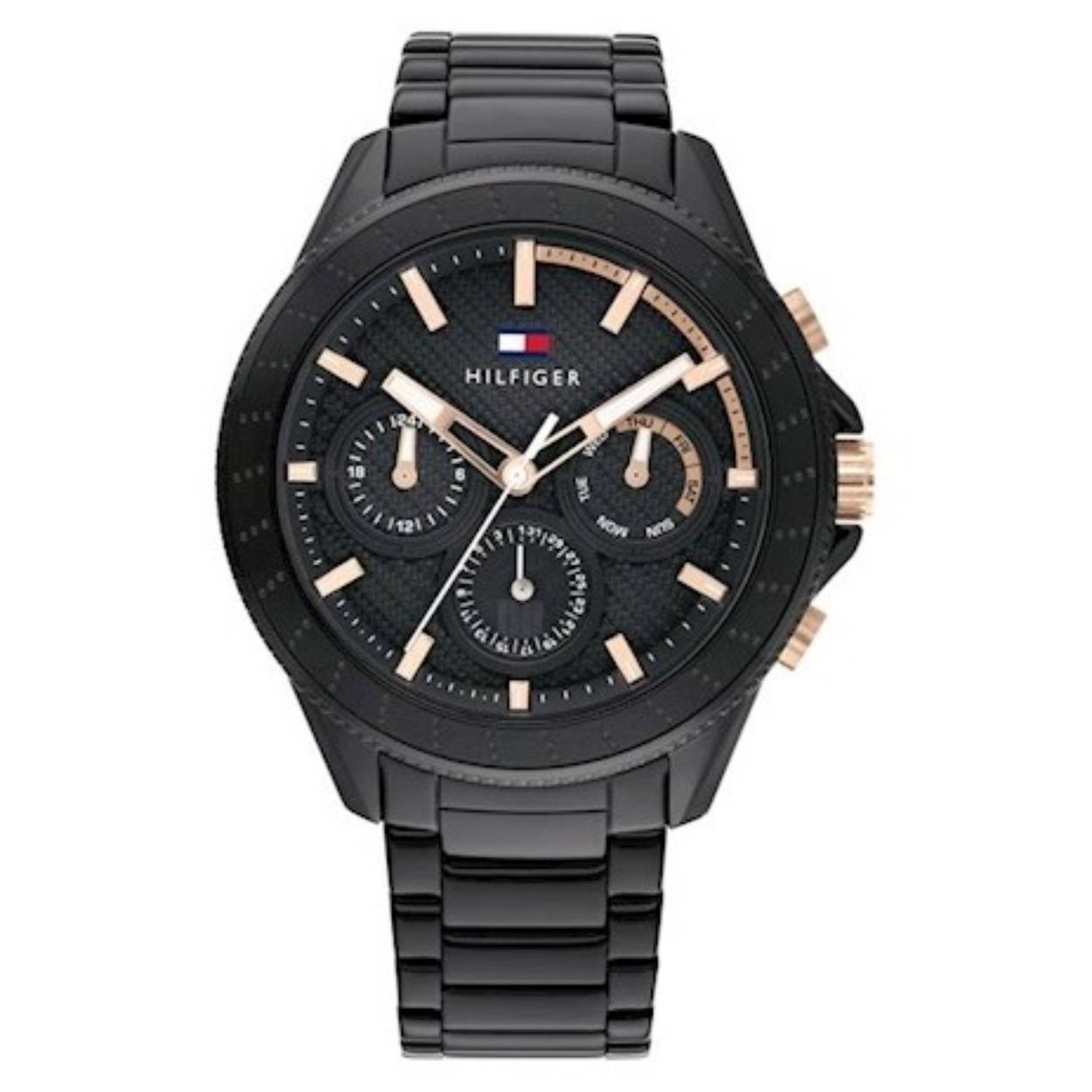 Dit horloge komt uit de Aiden collectie.

Dit zwarte Tommy Hilfiger horloge TH1791858 is sportief en bevat klassieke Tommy Hilfiger elementen. De belangrijkste stijlkenmerken van het horloge zijn de multifunctionele wijzerplaat met rosegouden details en zijn zwart stalen band. Een stoer horloge voor de sportieve man.