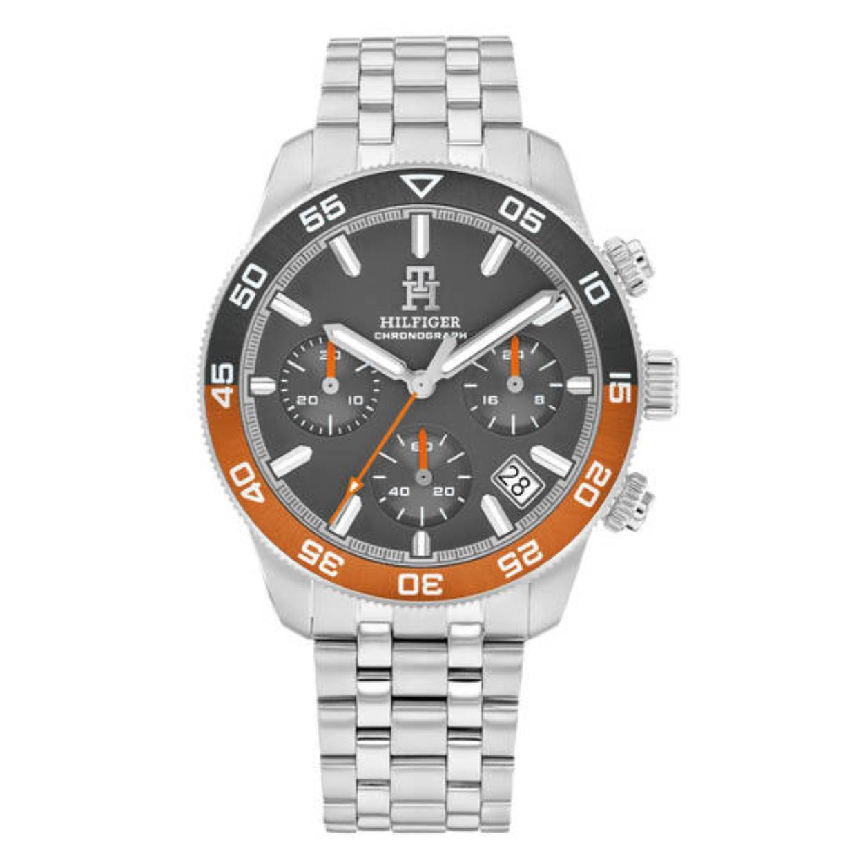 Tommy Hilfiger herenhorloge, model TH85 Chrono, in een stijlvolle grijze wijzerplaat met oranje accenten. TH1792186