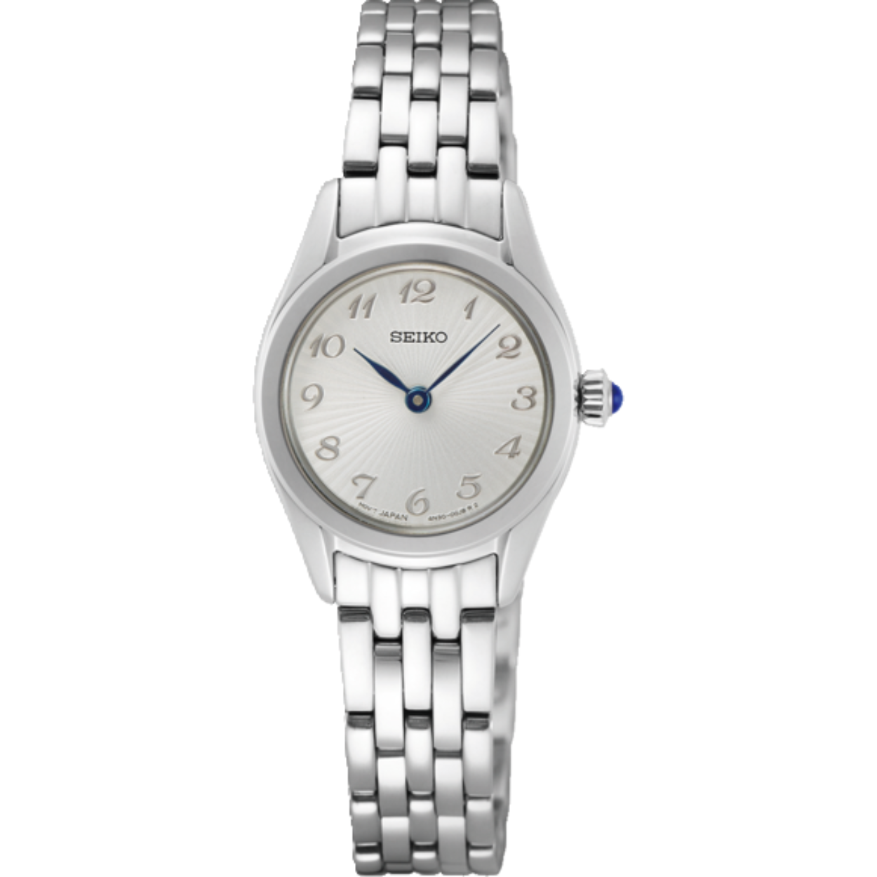 Dit dameshorloge is van het merk Seiko. 

 De diameter van de kast is 22.4 mm en de kast is 6.5 mm dik.

De verdere specificaties van het horloge zijn als volgt:

Glassoort: hardlex mineraal glas

Bandbreedte: 10

Kastmateriaal: staal

Waterdichtheid: 5 ATM

Techniek: quartz