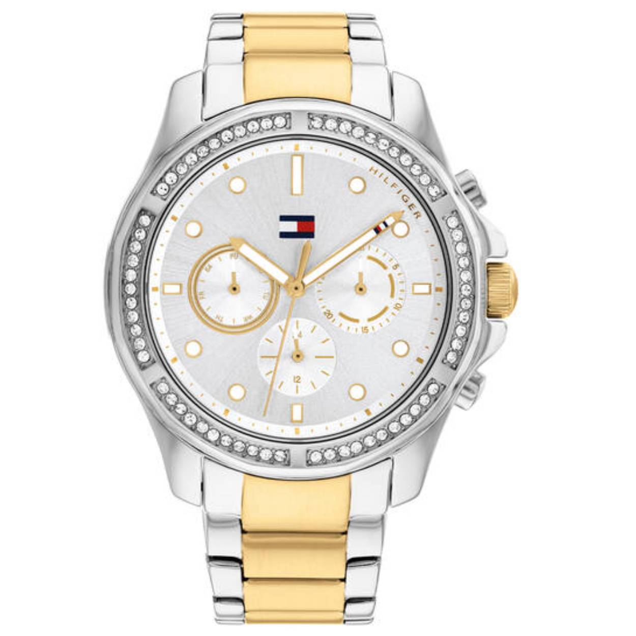 Tommy Hilfiger TH1782615 Horloge Dames Staal Bi color Crystal 40mm
Dit specifieke horloge van Tommy Hilfiger met artikelnr: TH1782615 is een chique sportief dameshorloge die zeker in je collectie past. Het stalen dameshorloge heeft een ronde zilverkleurige kast met een bezel vol kristallen en een zilverwitte wijzerplaat met dag, - datum,- en 24-uursaanduiding. De bi-color schakelband is op lengte verstelbaar en heeft een vouwsluiting. Het horloge heeft een mineraalglas, een doorsnee van 40mm en is 5 ATM.  

Het merk:
Sinds de lancering van het merk in 1985 is Tommy Hilfiger wereldwijd bekend geworden als pionier van de klassieke Amerikaanse coole stijl. Geïnspireerd door de iconische popcultuur en het Amerikaanse erfgoed. De dames en herencollectie van dit seizoen bestaan uit minimalistische silhouetten en rustieke lederen details. De herenhorlogecollectie biedt iconische uurwerken met roestvrijstalen, lederen en siliconen banden.

Specificaties:
- Mineraalglas
- Ronde kast 40mm
- Zilverkleurige horlogekast
- Zilverwitte wijzerplaat
- Bi-color schakelband 
- 5 ATM