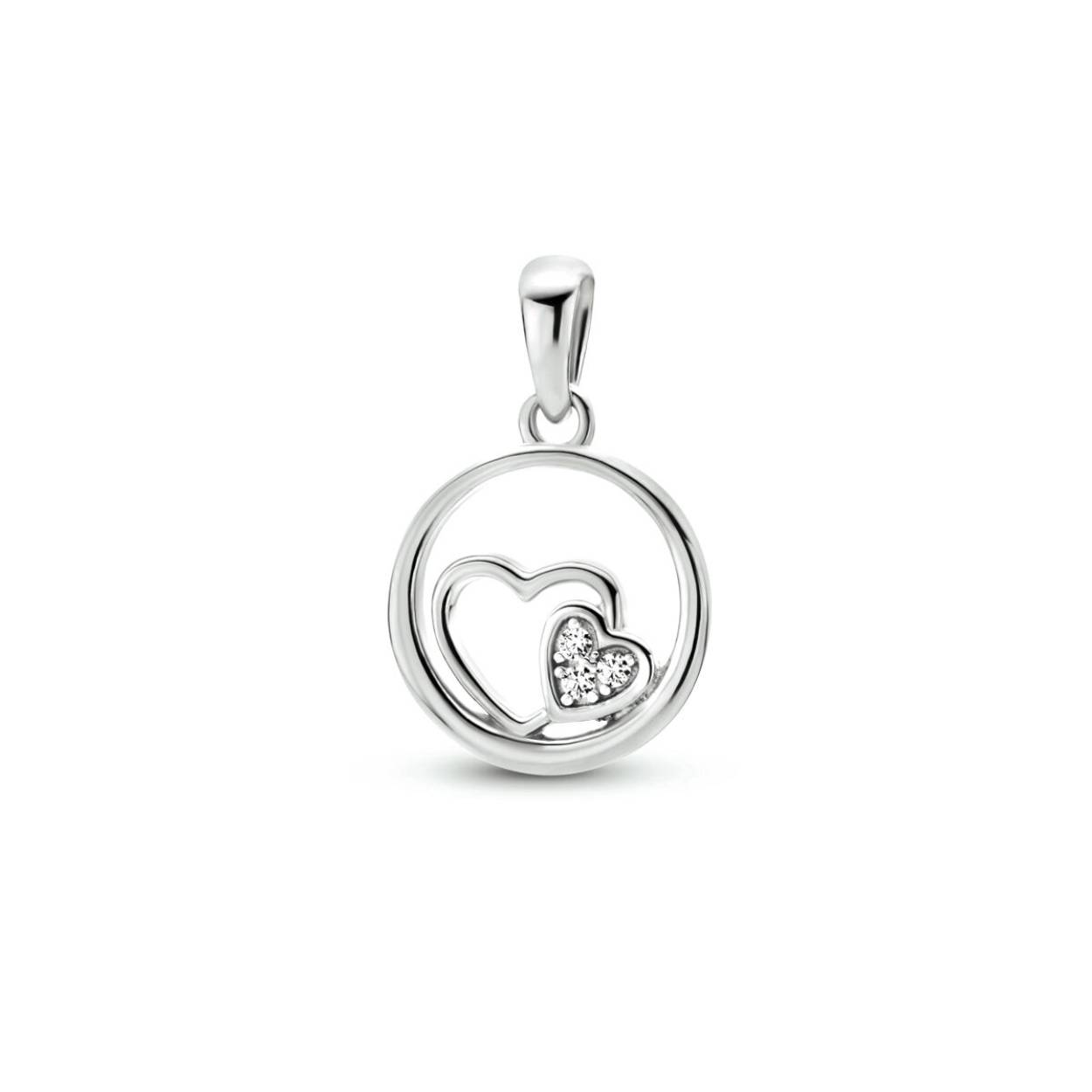 Gerhodineerd 925 zilveren hanger uitgevoerd met twee hartjes en een schitterend zirkonia vlak. De hanger heeft een totale hoogte van 1.8cm en een diameter van 12mm.