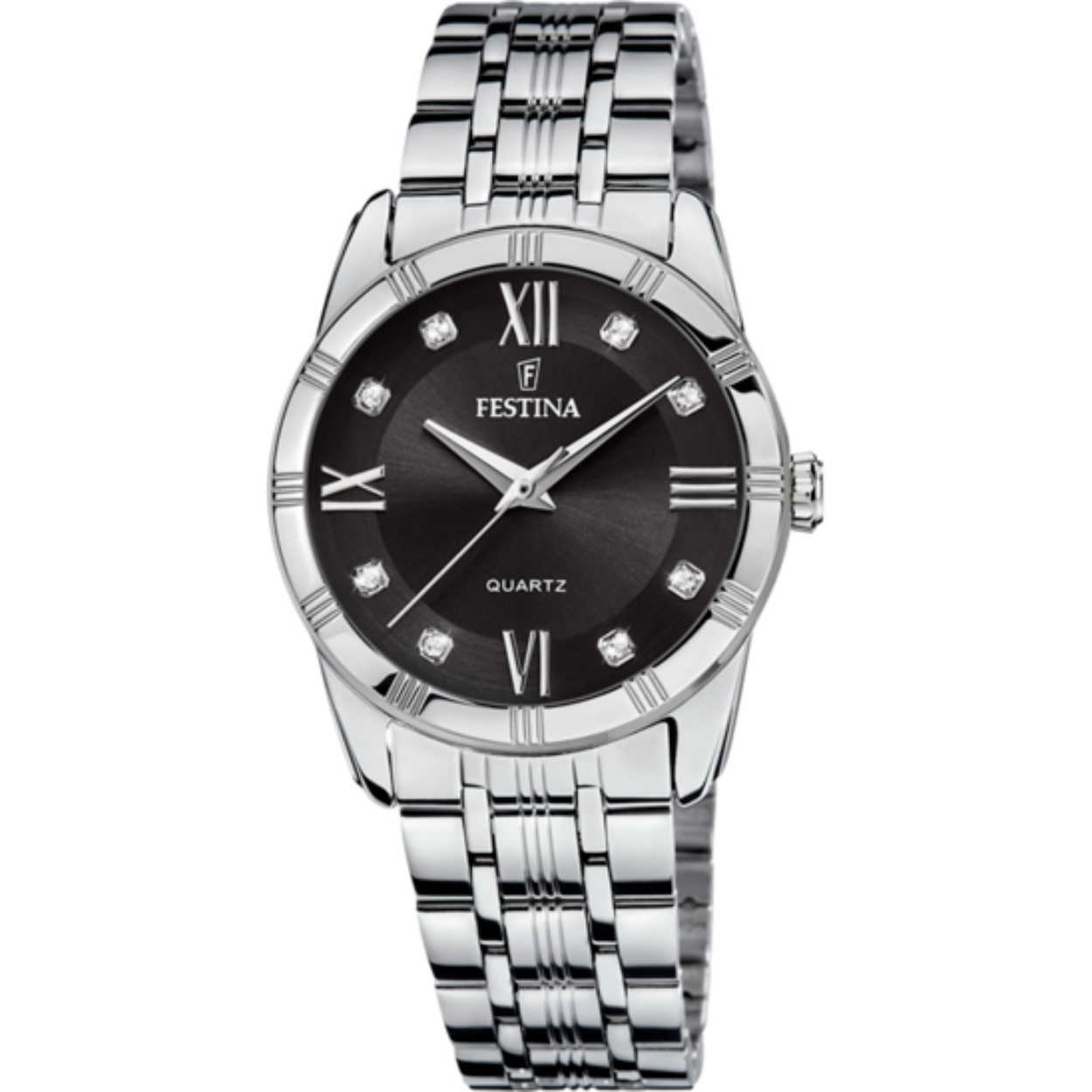 Mooi damesuurwerk van Festina, afgewerkt met stalen kast, zilverkleurige stalen band, zwart/bruine wijzerplaat en mineraalglas.