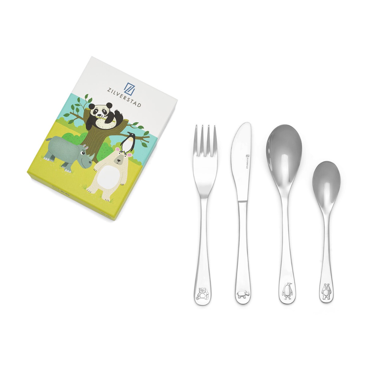 Eten wordt nóg leuker met dit 4-delige kinderbestek met als thema Wildlife. Op de bestekdelen zijn een panda, neushoorn, ijsbeer en pinguïn  afgebeeld.  De eerste hapjes worden nóg leuker! Het bestek bestaat uit een mes, vork, lepel en paplepeltje, is gemaakt van hoogwaardig 18/10 roestvrij staal. Het kan gereinigd worden in de vaatwasser. Wel zo handig! De kleurrijke verpakking maakt het bestek uitermate geschikt om te cadeau te geven.
De bestekonderdelen kunnen worden gegraveerd. Leuk als geboorte-, doop- of verjaardagscadeau. U kunt één naam gratis laten graveren. De vork en de lepels zullen aan de achterzijde gegraveerd worden. De gravure kunt u vermelden in het opmerkingenveld tijdens het bestelproces. Gegraveerde artikelen kunnen niet worden geruild. Afmeting: vork: 16 cm, mes: 17 cm, eetlepel: 16 cm, dessertlepel: 13 cm.