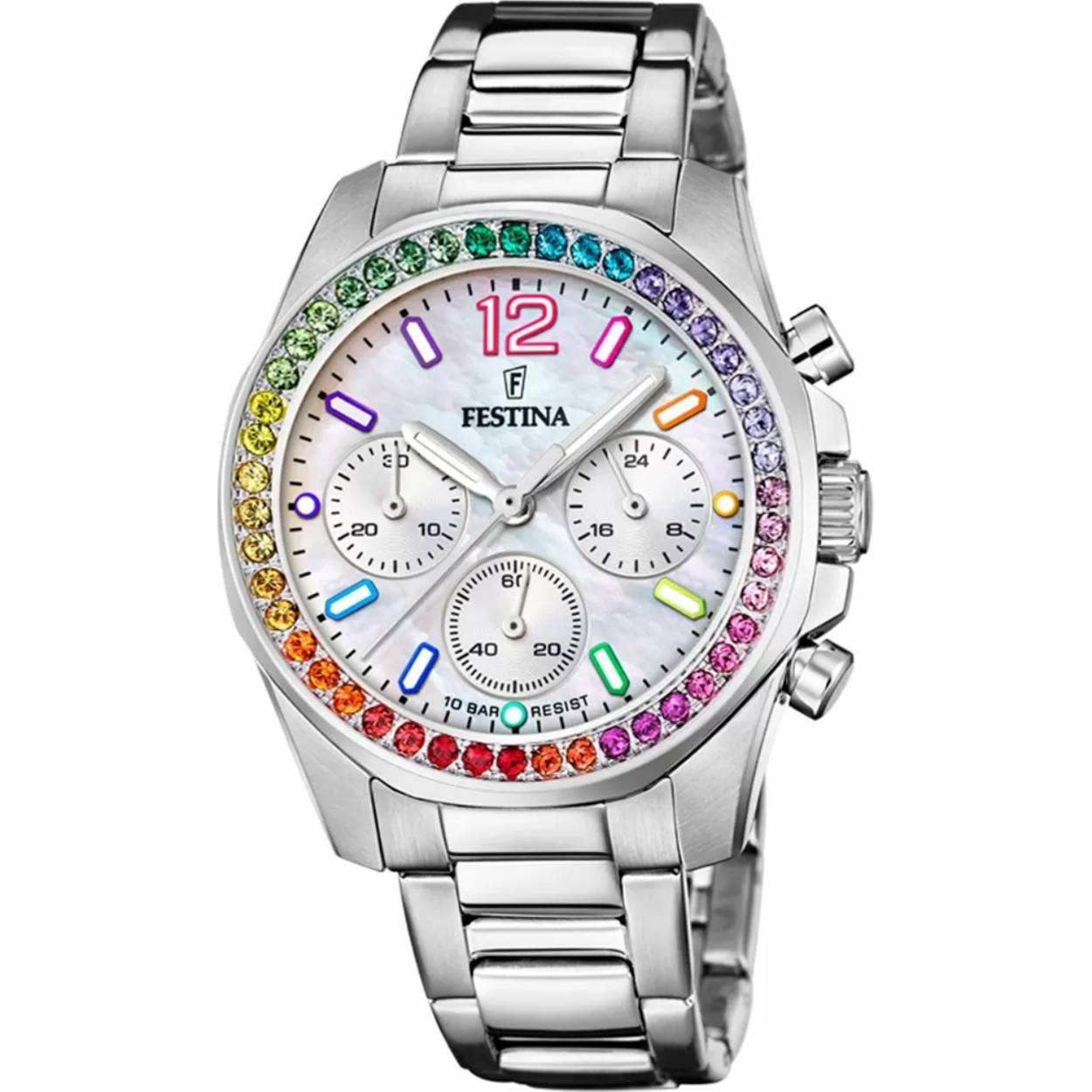 Festina horloge, een Staal zilver kast met een diameter van 38 mm en is voorzien van een metaal band. In de kast bevindt zich een Miyota kwaliteitsuurwerk en is afgewerkt met Mineraalglas.

Het horloge is 10ATM. Dit betekent dat het horloge geschikt is om mee te zwemmen. Verder wordt het horloge geleverd met 2 jaar garantie.