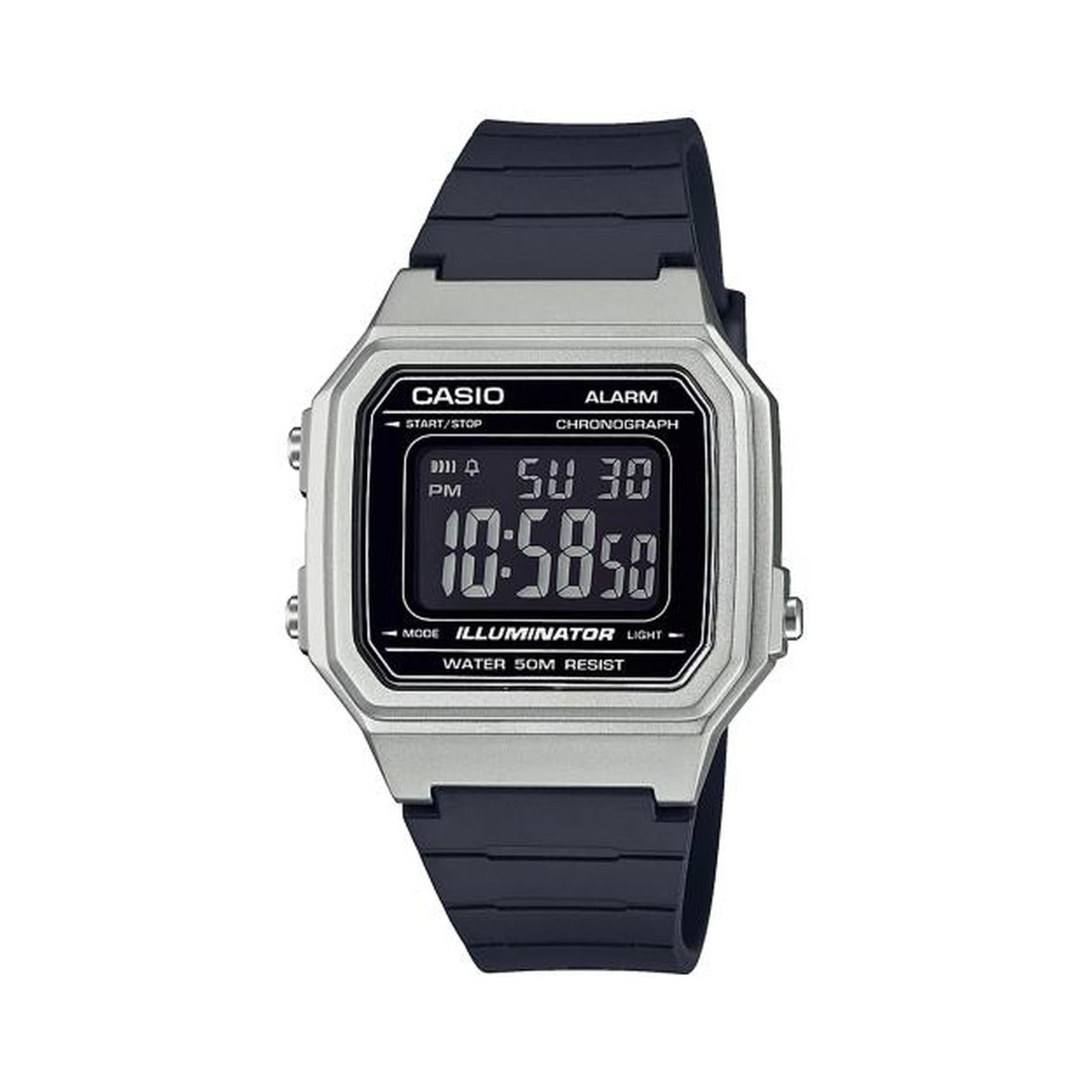 Casio horloge, Quartz uurwerk. De kast (36 mm) is vervaardigd uit Kunststof (Zilverkleurig) en heeft een Synthetisch glas. De band is Zwart Kunststof. Dit horloge uit de Casio Collection Retro reeks is een mooi en tijdloos geschenk. 