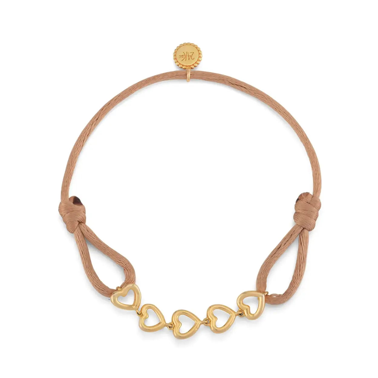 The heart family! This bracelet has a beige satin cord, a heart-shaped chain, and goes perfectly with the matching necklace, earrings and ring. All 24Kae jewelry is designed by Kae Sutherland with love and an eye for detail. So don't forget to treat them with love too. Each 24Kae necklace is characterized by its authenticity through a unique handmade charm with engraving and a touch of beige.

Details
- Length bracelet: 18 cm *adjustable
- Length hearts: 4,2 cm