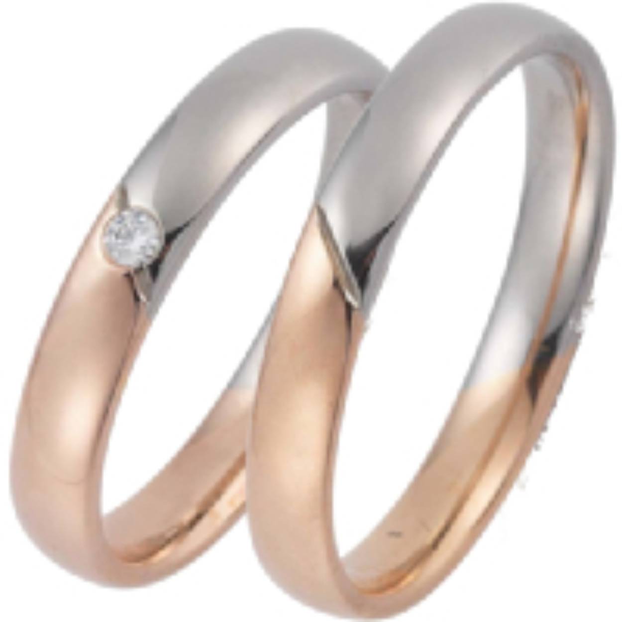 585 bicolor troyuwringen R/W, 3.5mm breed. De damesring is geszet met 0.03ct briljant
Prijs is op aanvraag